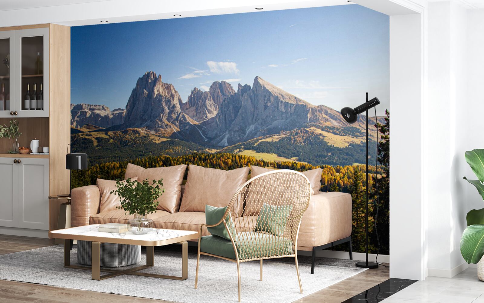 Fototapet pădure densă și munții Langkofel impresionanți