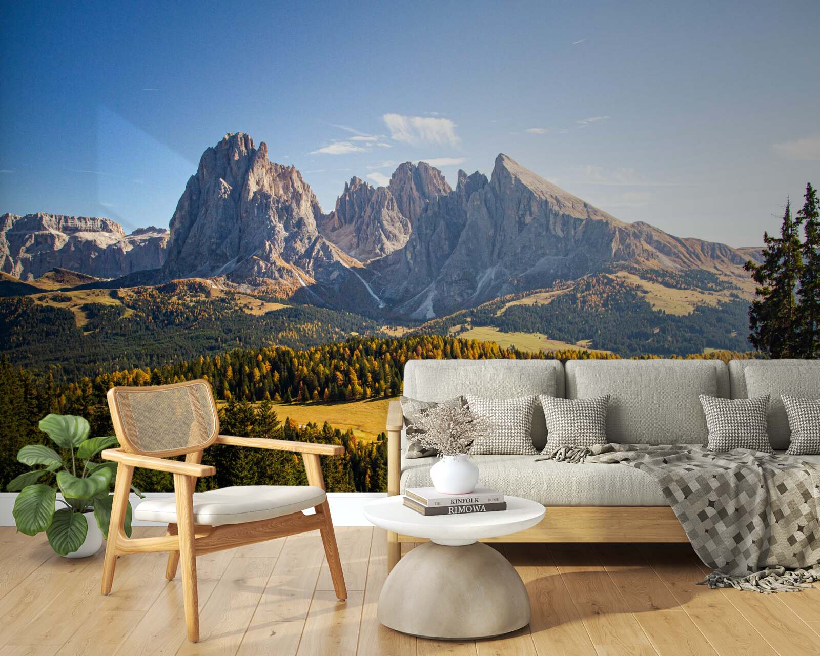 Fototapet pădure densă și munții Langkofel impresionanți