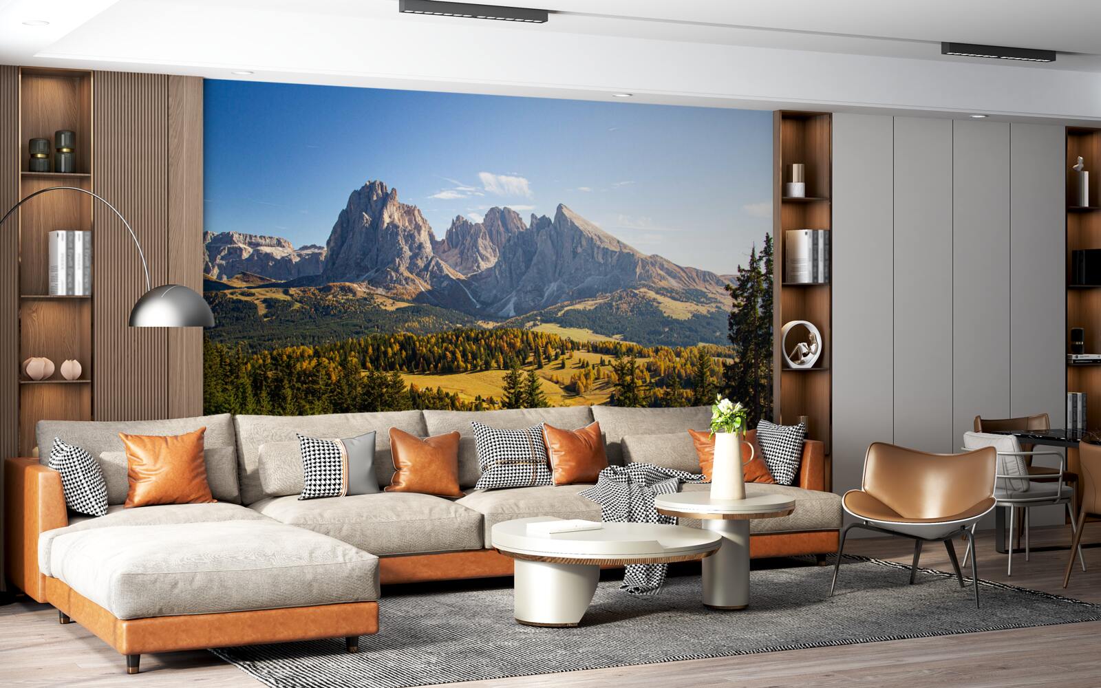 Fototapet pădure densă și munții Langkofel impresionanți