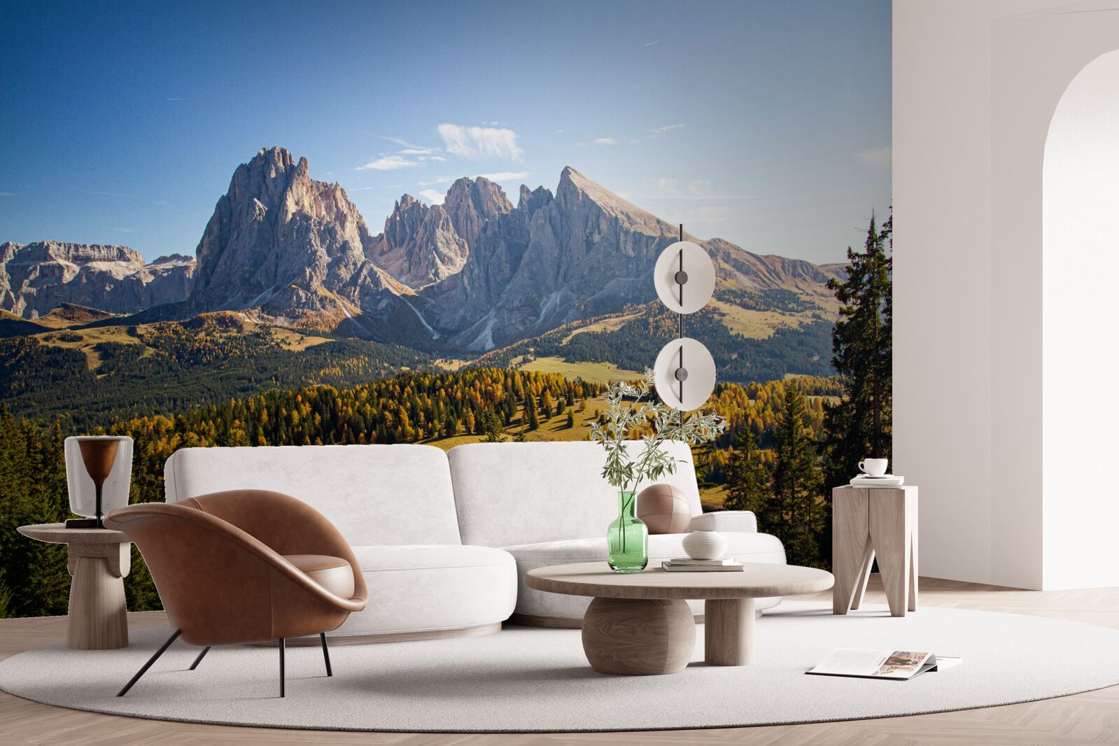 Fototapet pădure densă și munții Langkofel impresionanți