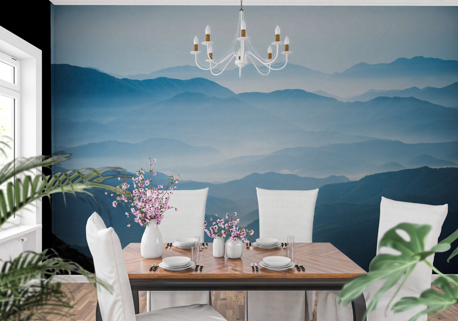 Fototapet ceața dimineții învăluind vârfurile munților