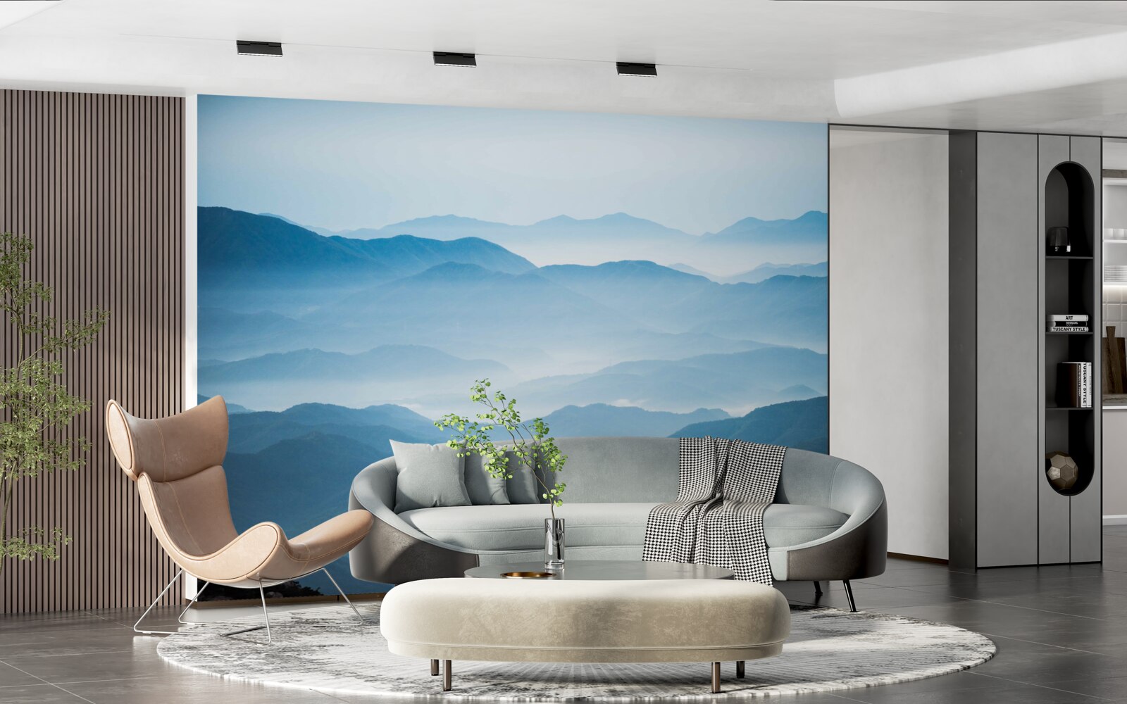 Fototapet ceața dimineții învăluind vârfurile munților