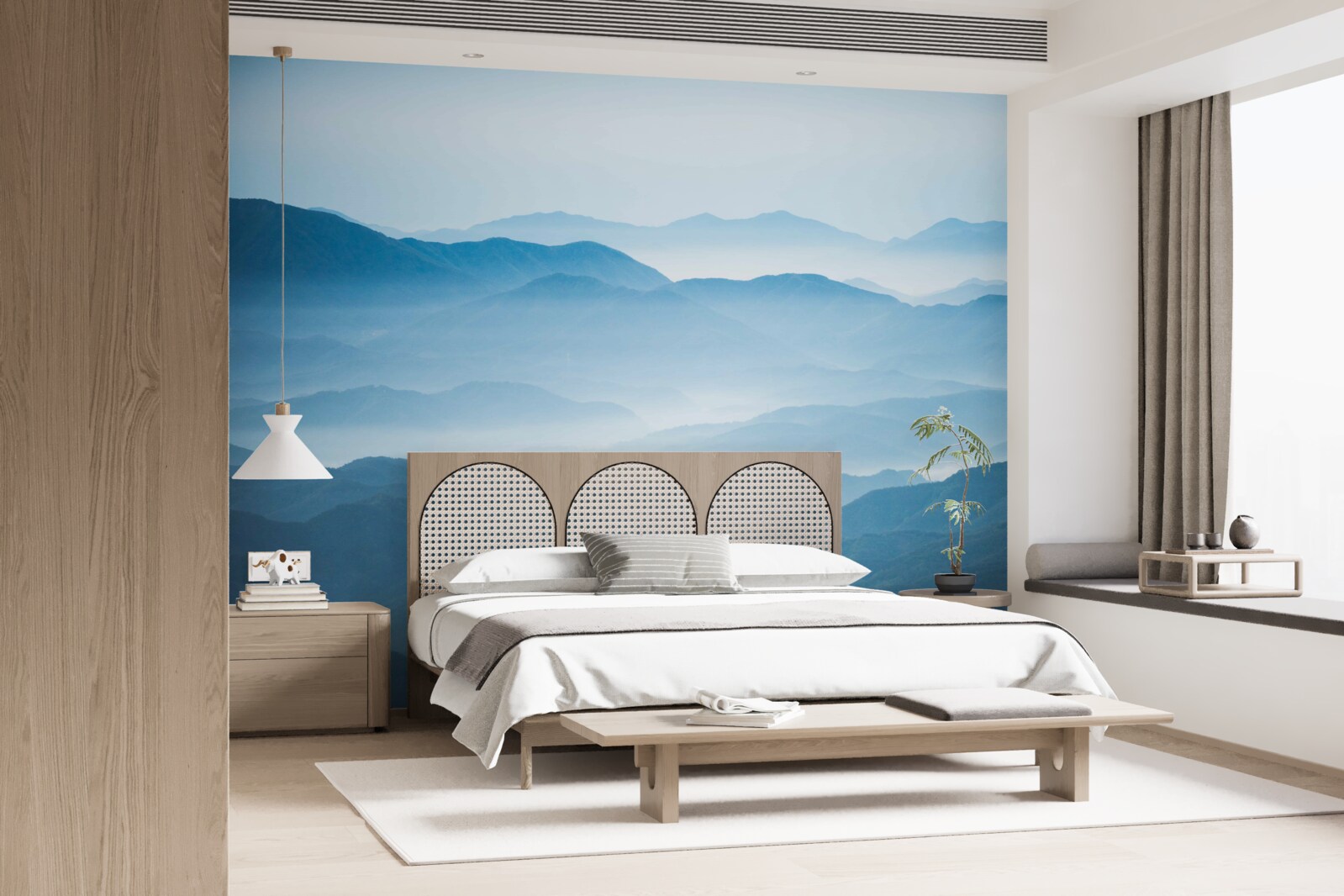 Fototapet ceața dimineții învăluind vârfurile munților