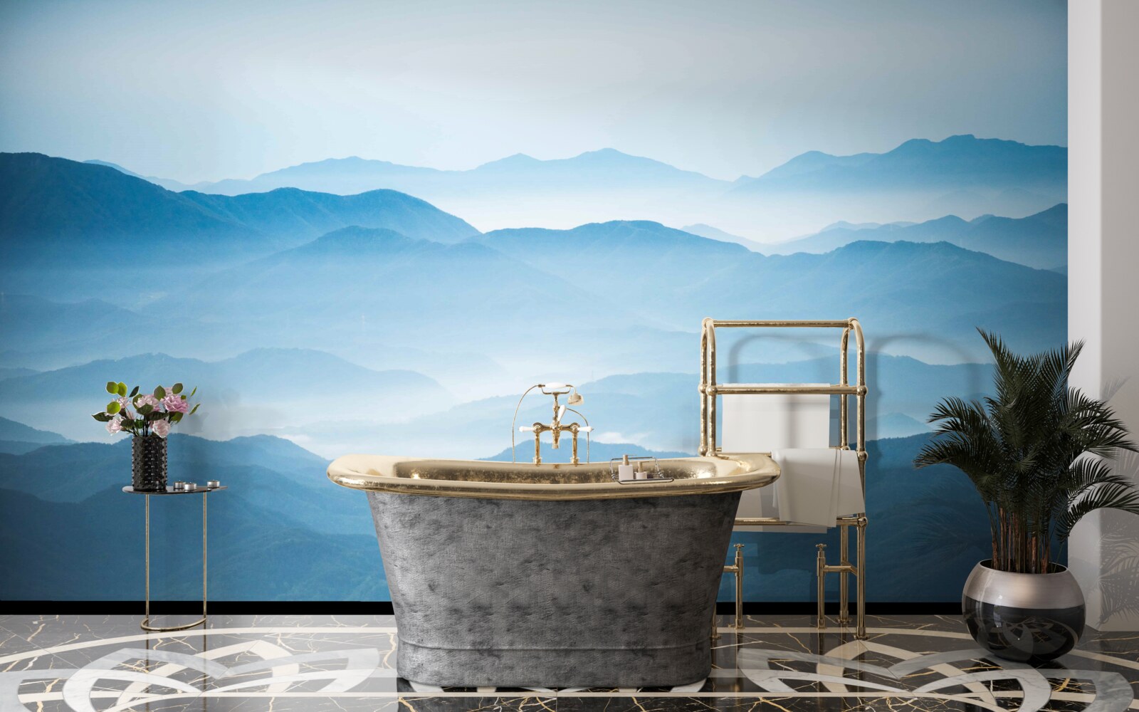 Fototapet ceața dimineții învăluind vârfurile munților