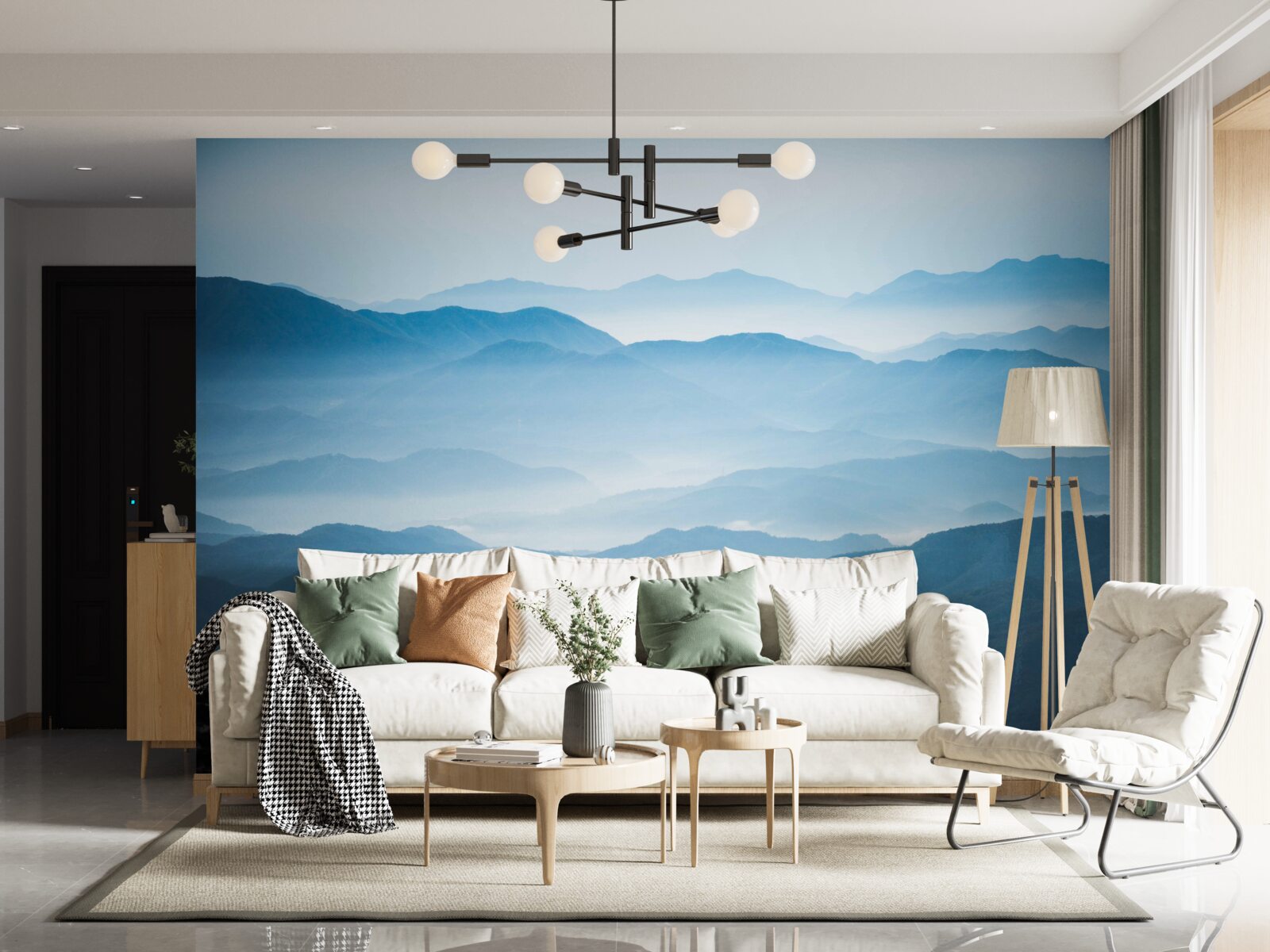 Fototapet ceața dimineții învăluind vârfurile munților