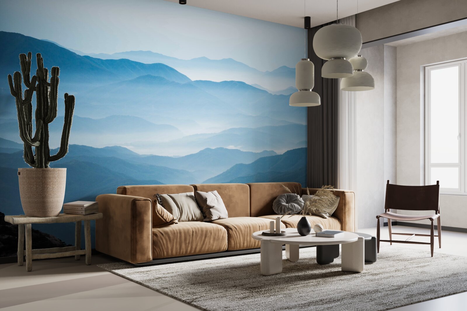 Fototapet ceața dimineții învăluind vârfurile munților