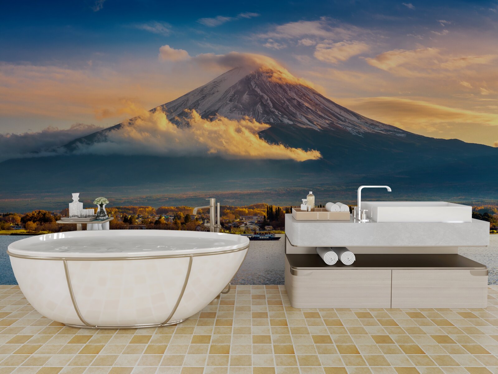 Fototapet vârful fuji este înconjurat de ceață densă