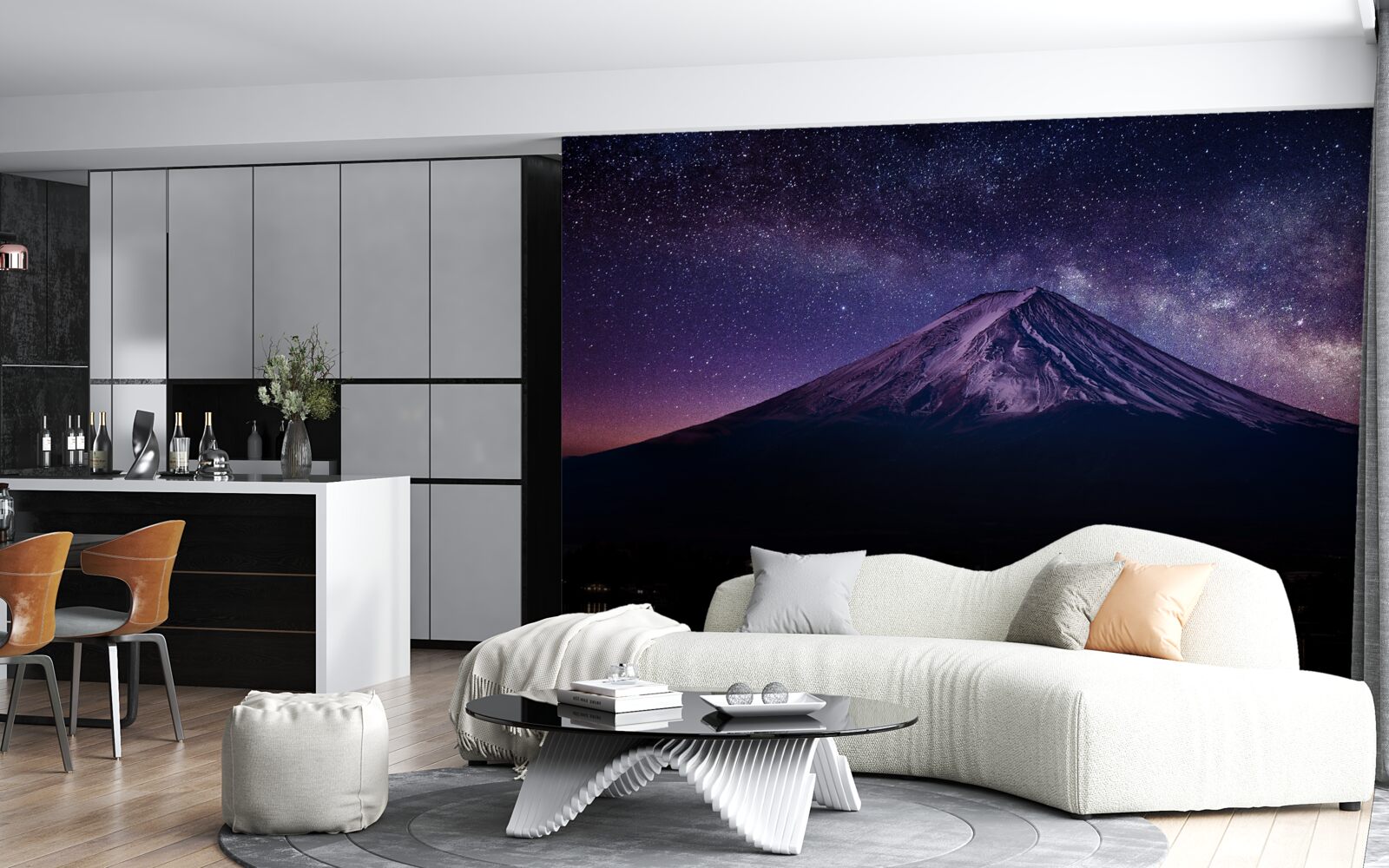 Fototapet cer înstelat cu o nuanță violet deasupra vârfului de munte