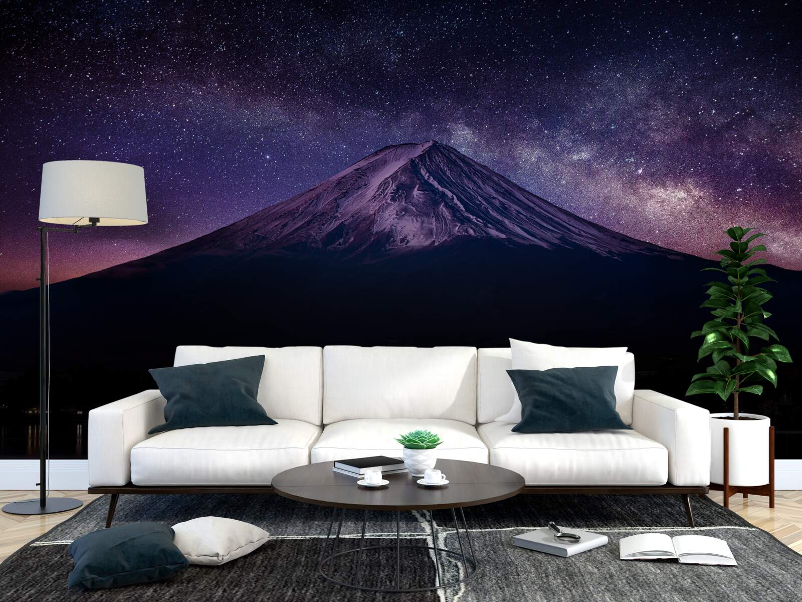 Fototapet cer înstelat cu o nuanță violet deasupra vârfului de munte