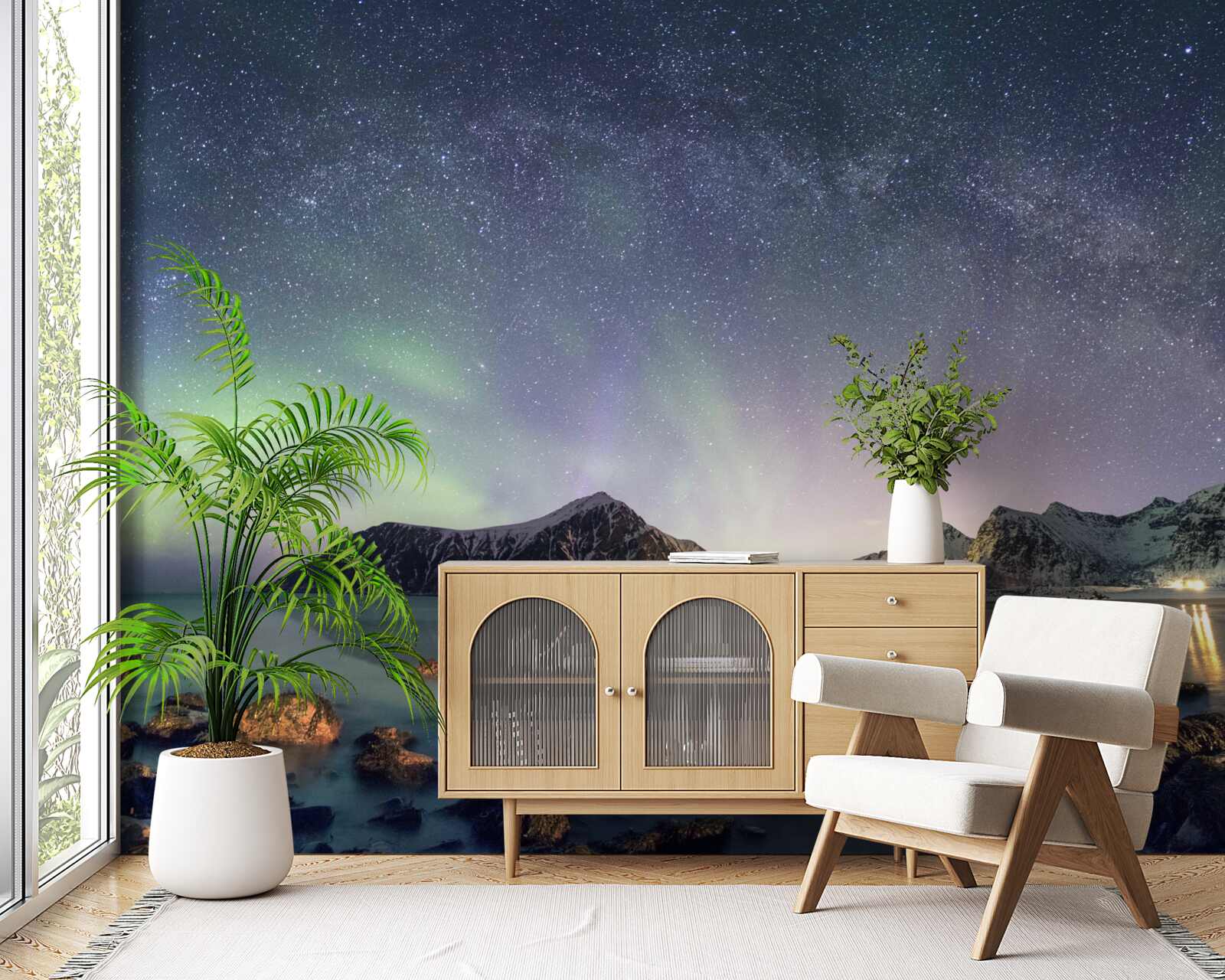 Fototapet cerul de noapte decorat cu stele și luminat de aurora boreală