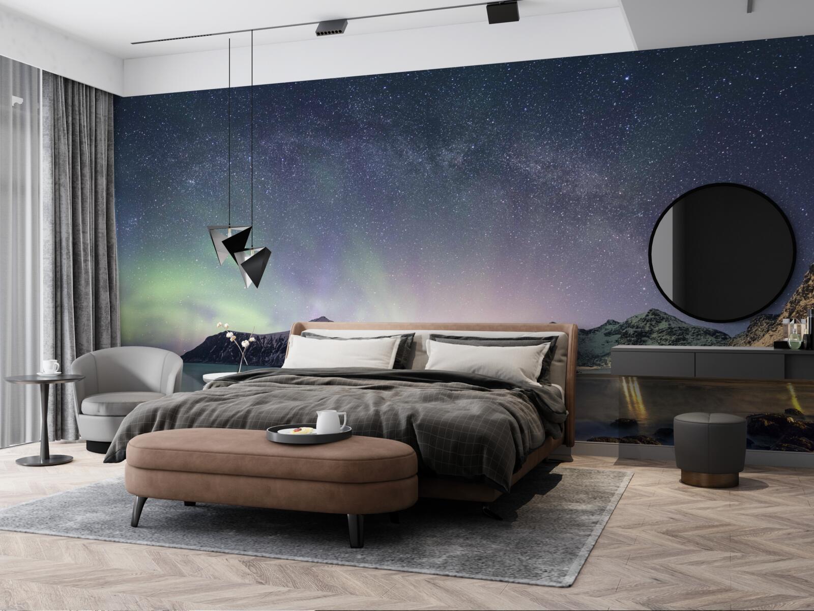 Fototapet cerul de noapte decorat cu stele și luminat de aurora boreală