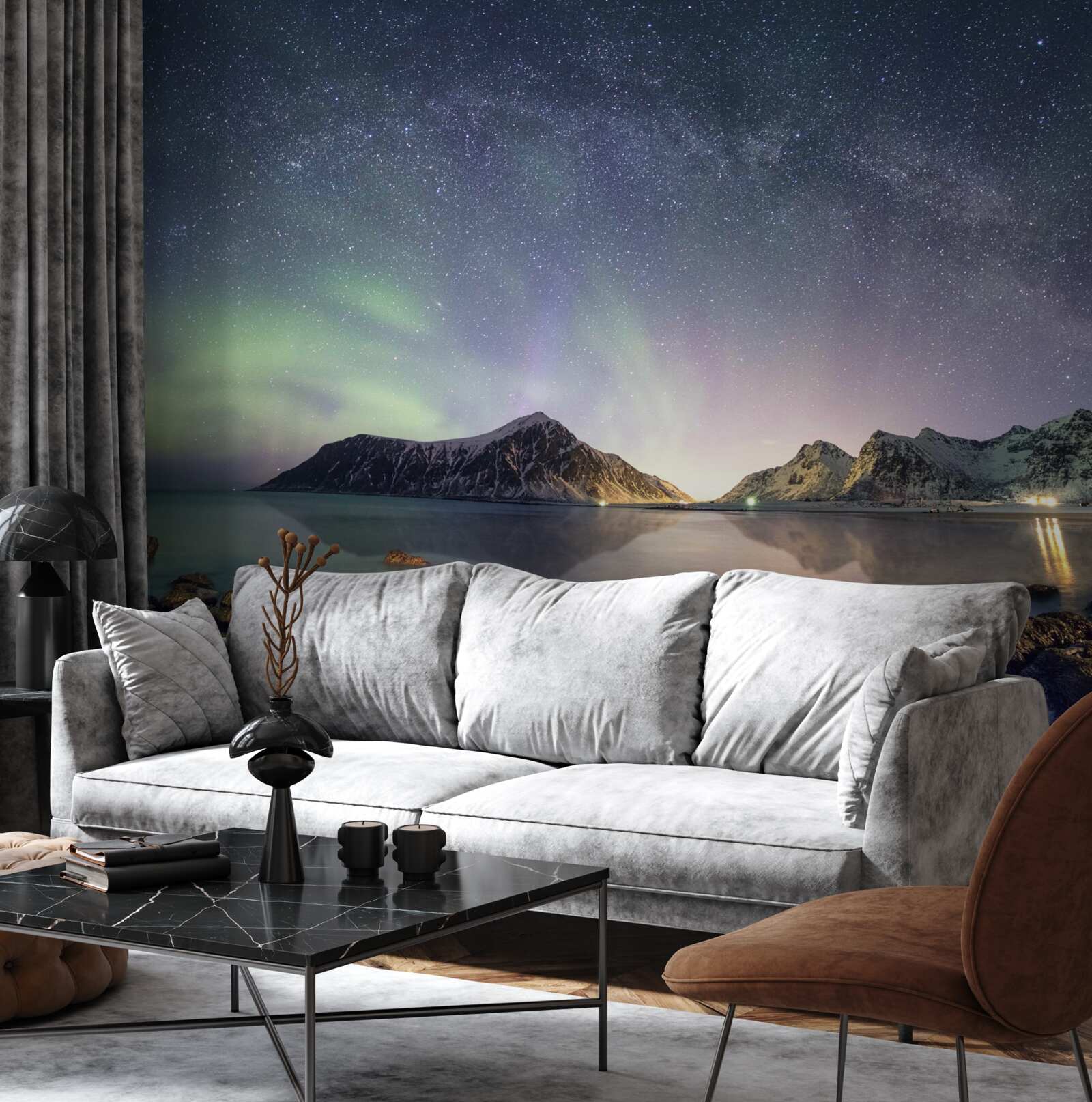 Fototapet cerul de noapte decorat cu stele și luminat de aurora boreală