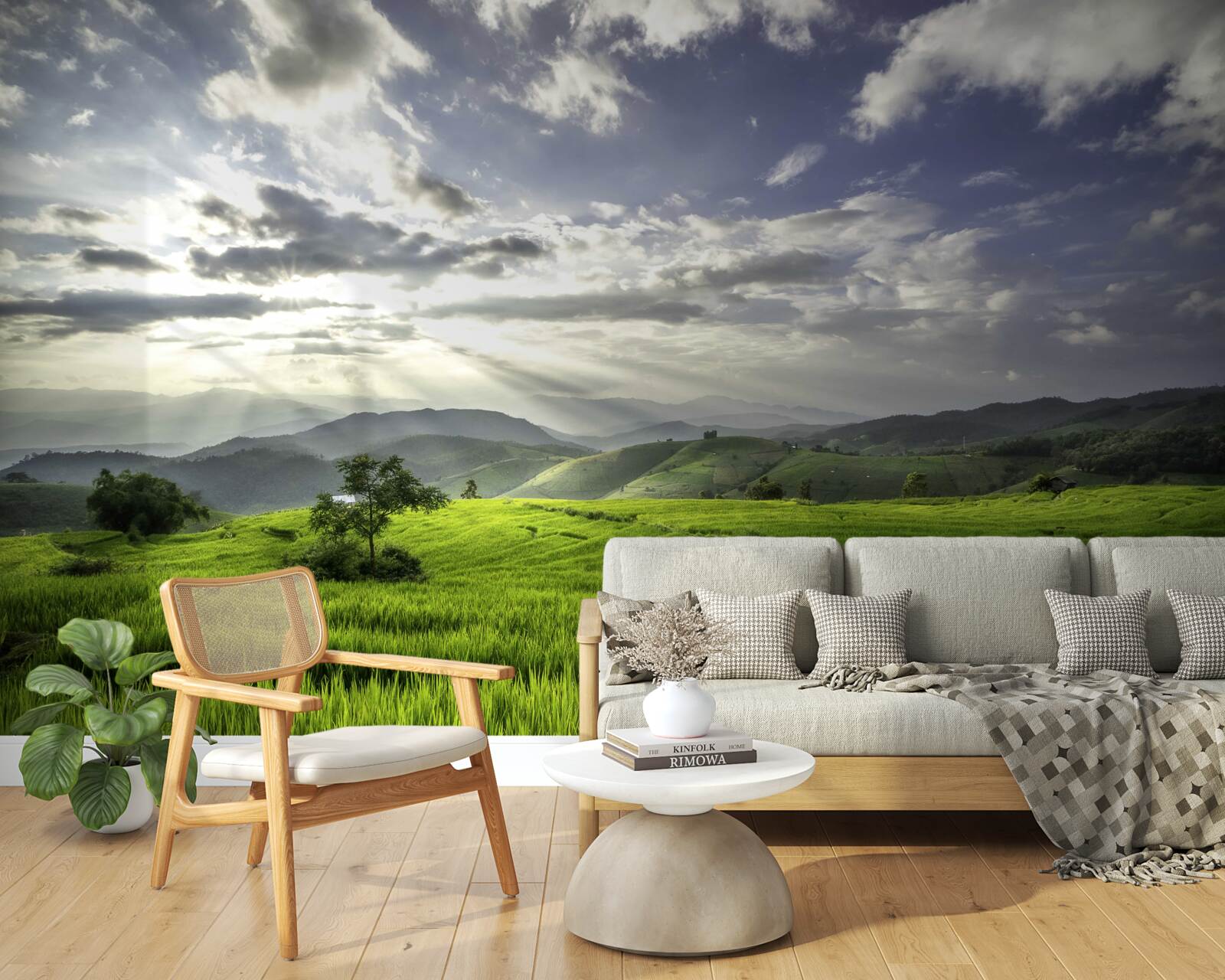 Fototapet o poiană scufundată în verdele munților este luminată de razele soarelui