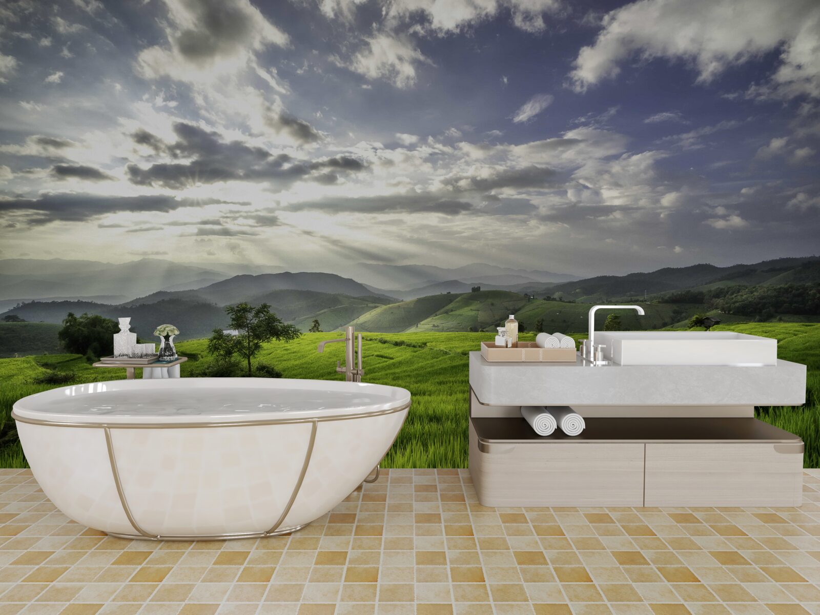 Fototapet o poiană scufundată în verdele munților este luminată de razele soarelui