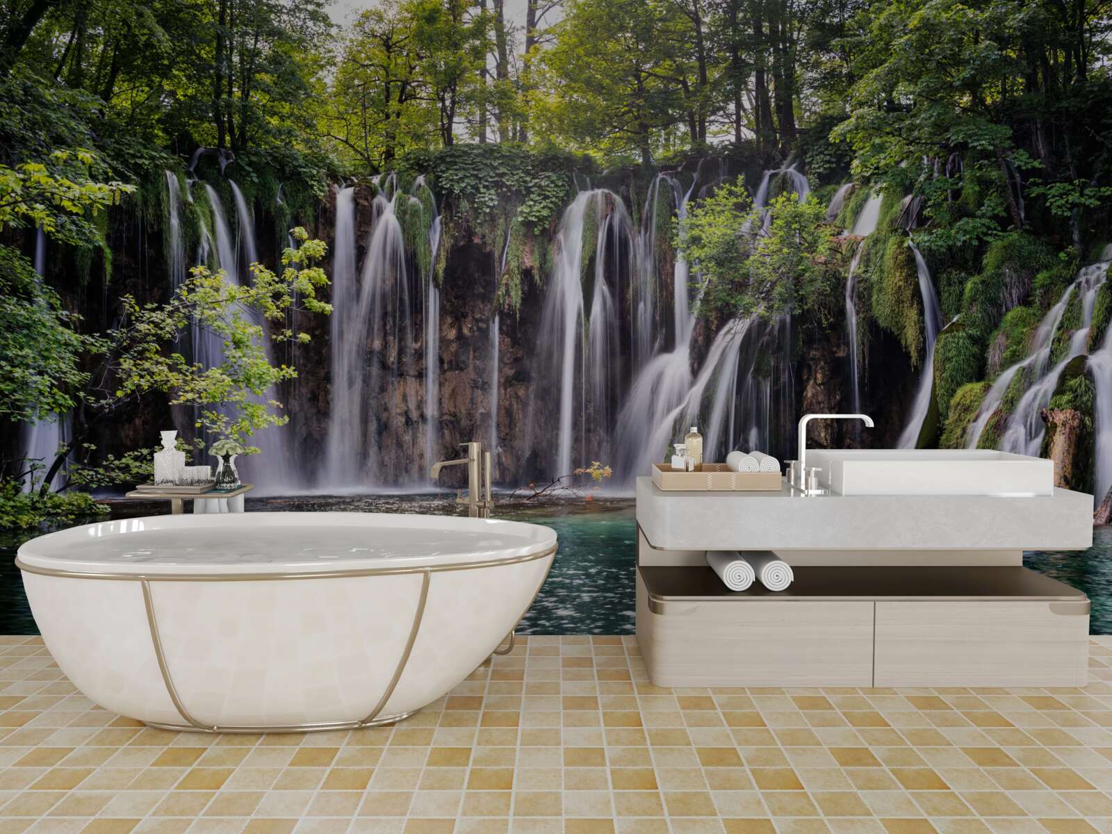 Fototapet cascade curgând într-un lac limpede