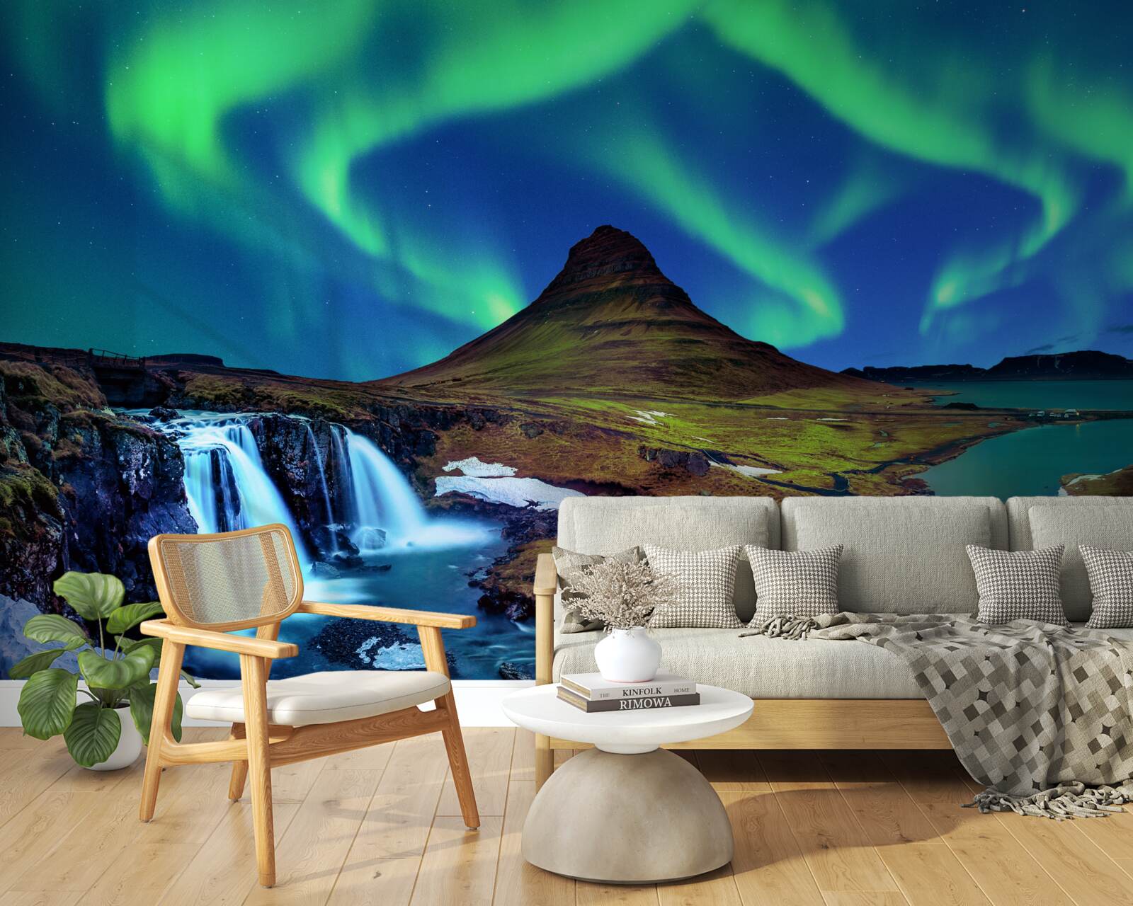 Fototapet cascada prezintă aurora boreală uimitoare