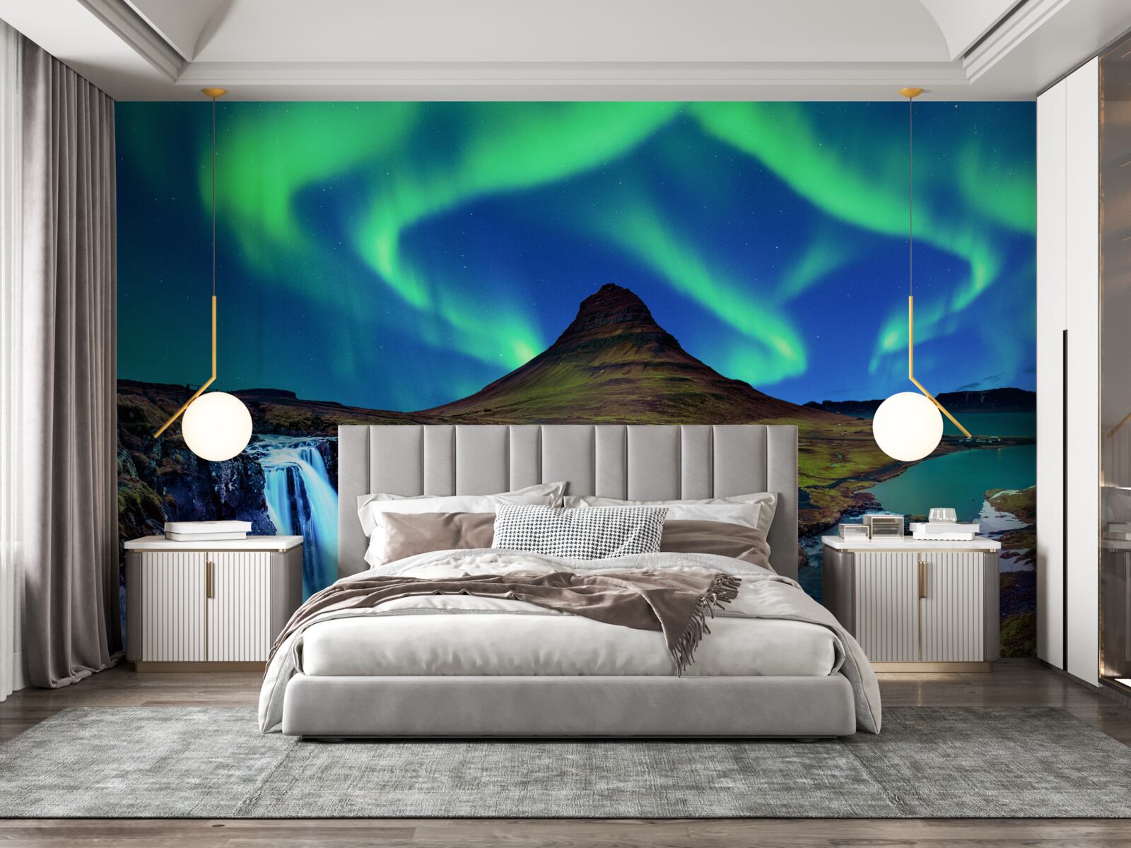 Fototapet cascada prezintă aurora boreală uimitoare