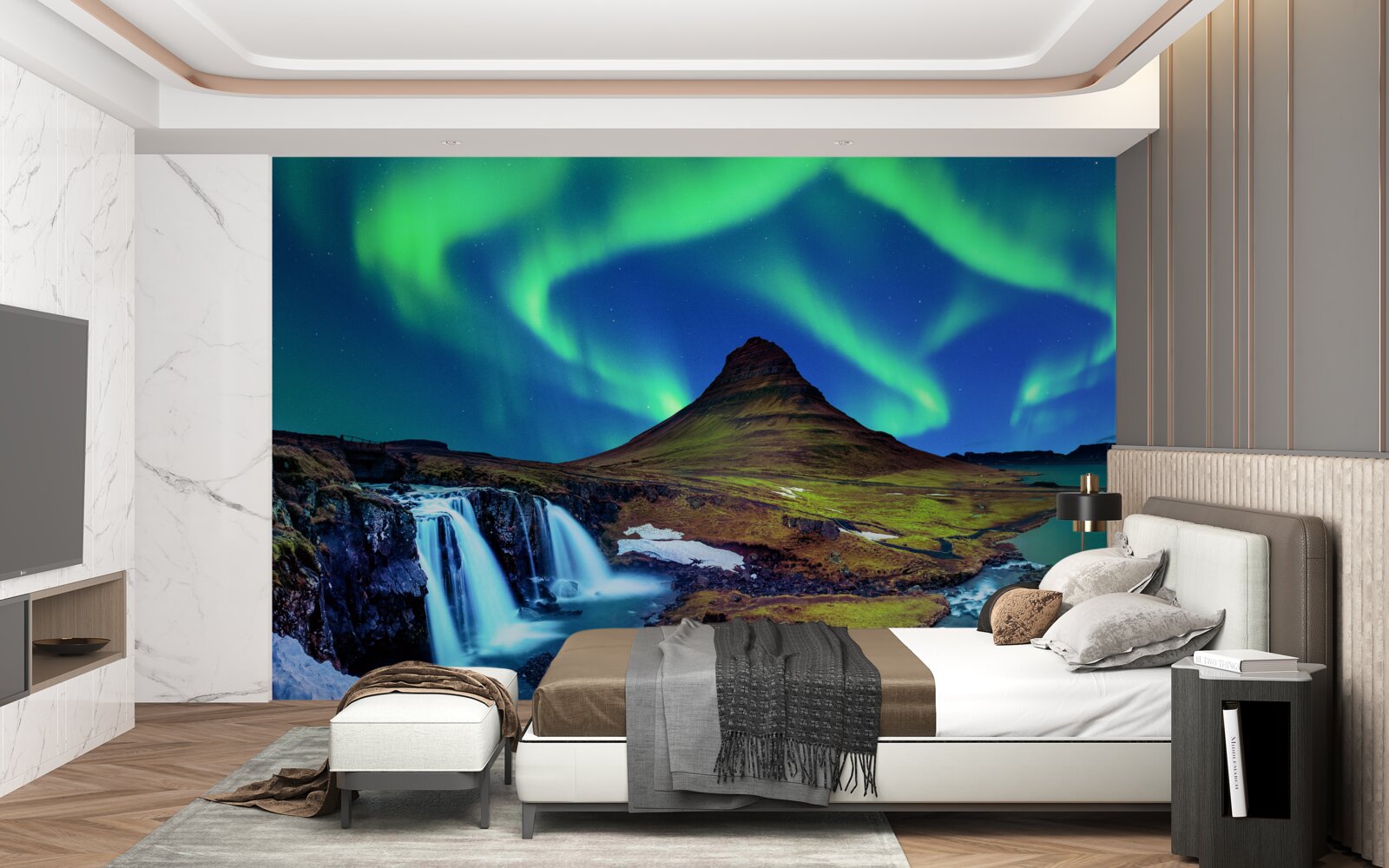 Fototapet cascada prezintă aurora boreală uimitoare