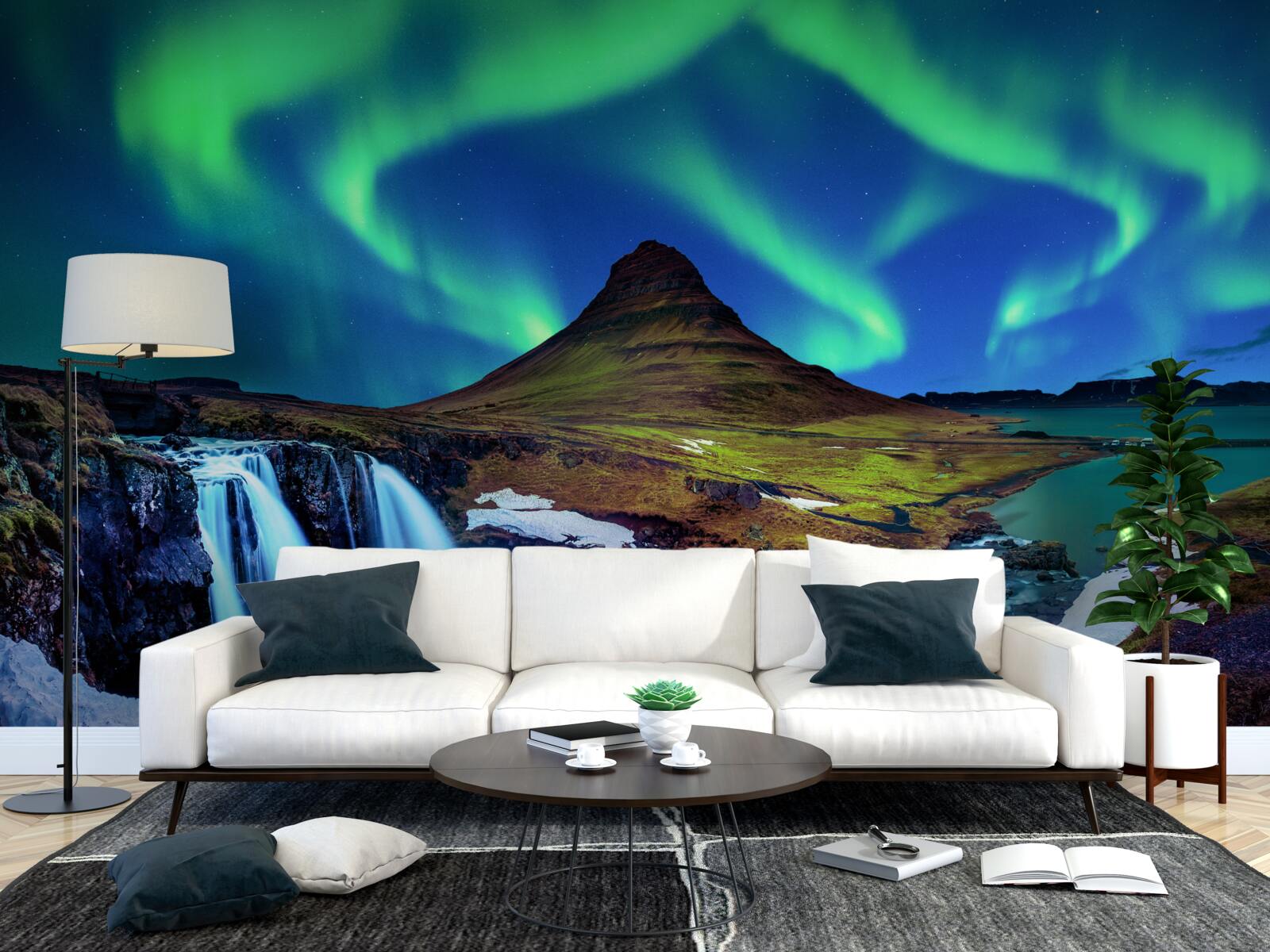 Fototapet cascada prezintă aurora boreală uimitoare