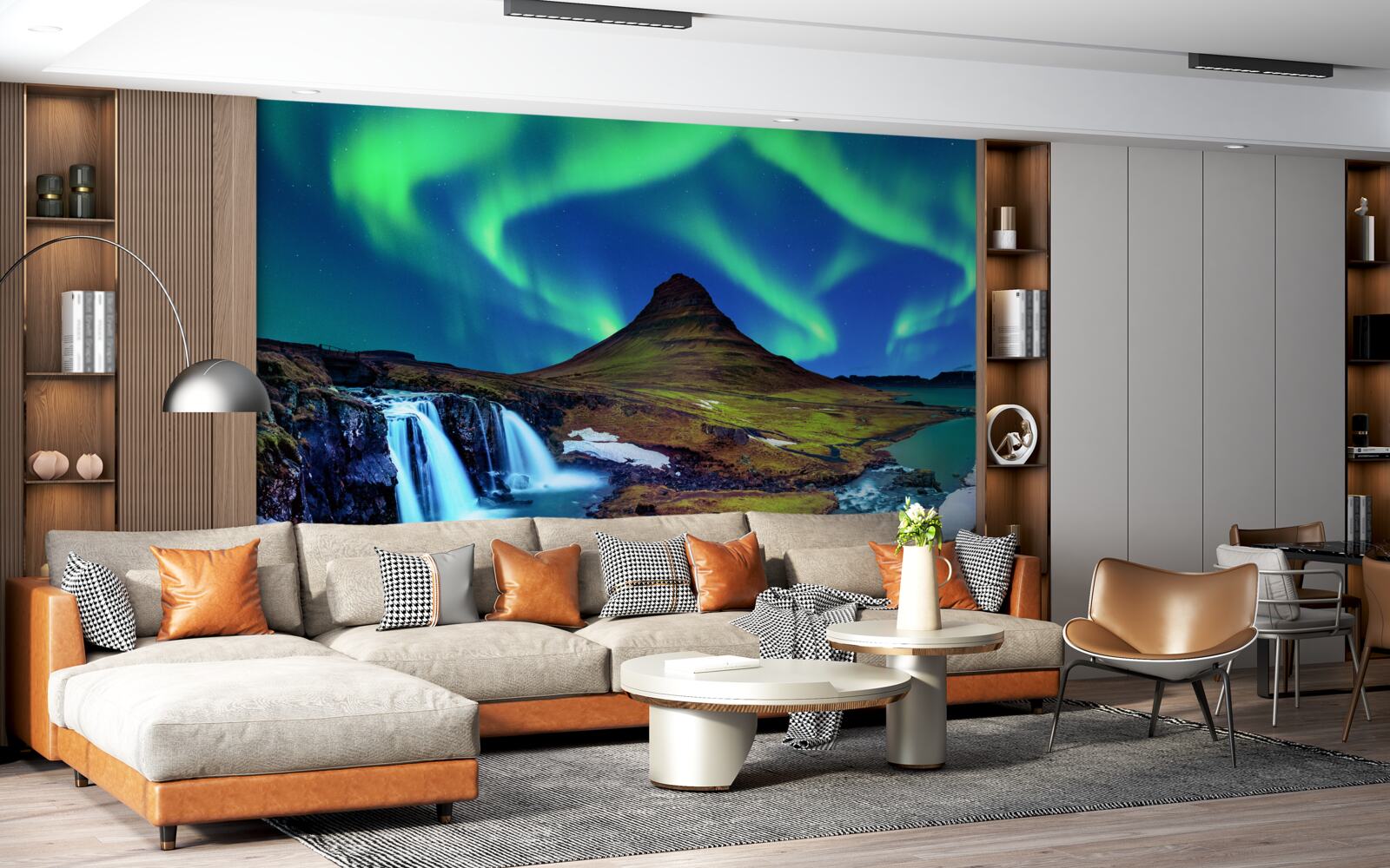 Fototapet cascada prezintă aurora boreală uimitoare