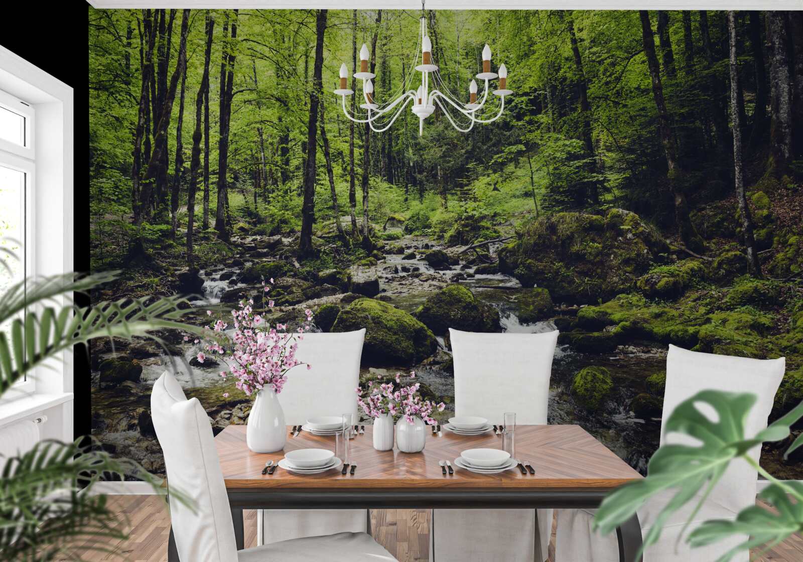 Fototapet cascadă în munți, înconjurată de o livadă verde