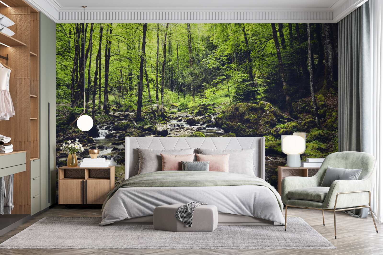 Fototapet cascadă în munți, înconjurată de o livadă verde