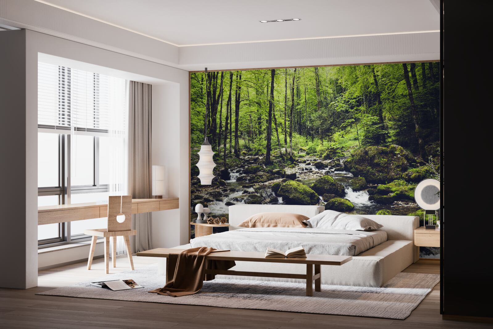 Fototapet cascadă în munți, înconjurată de o livadă verde