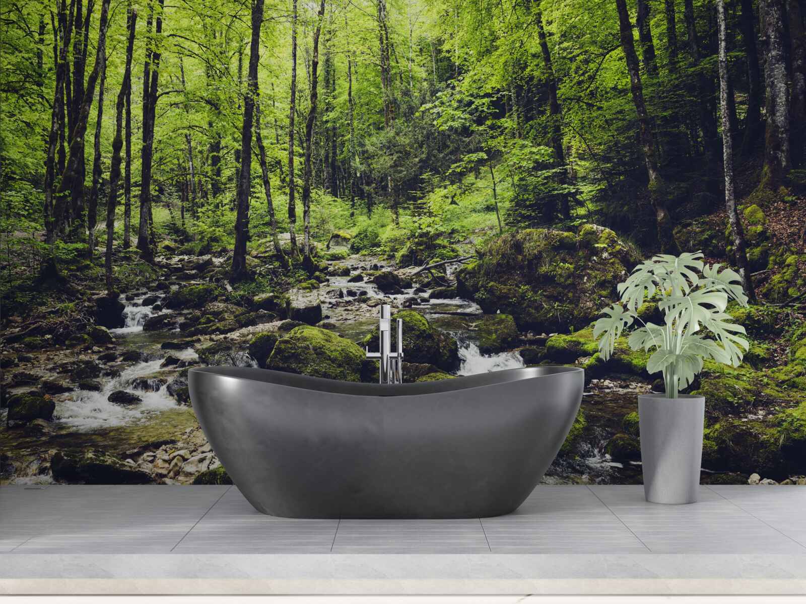 Fototapet cascadă în munți, înconjurată de o livadă verde