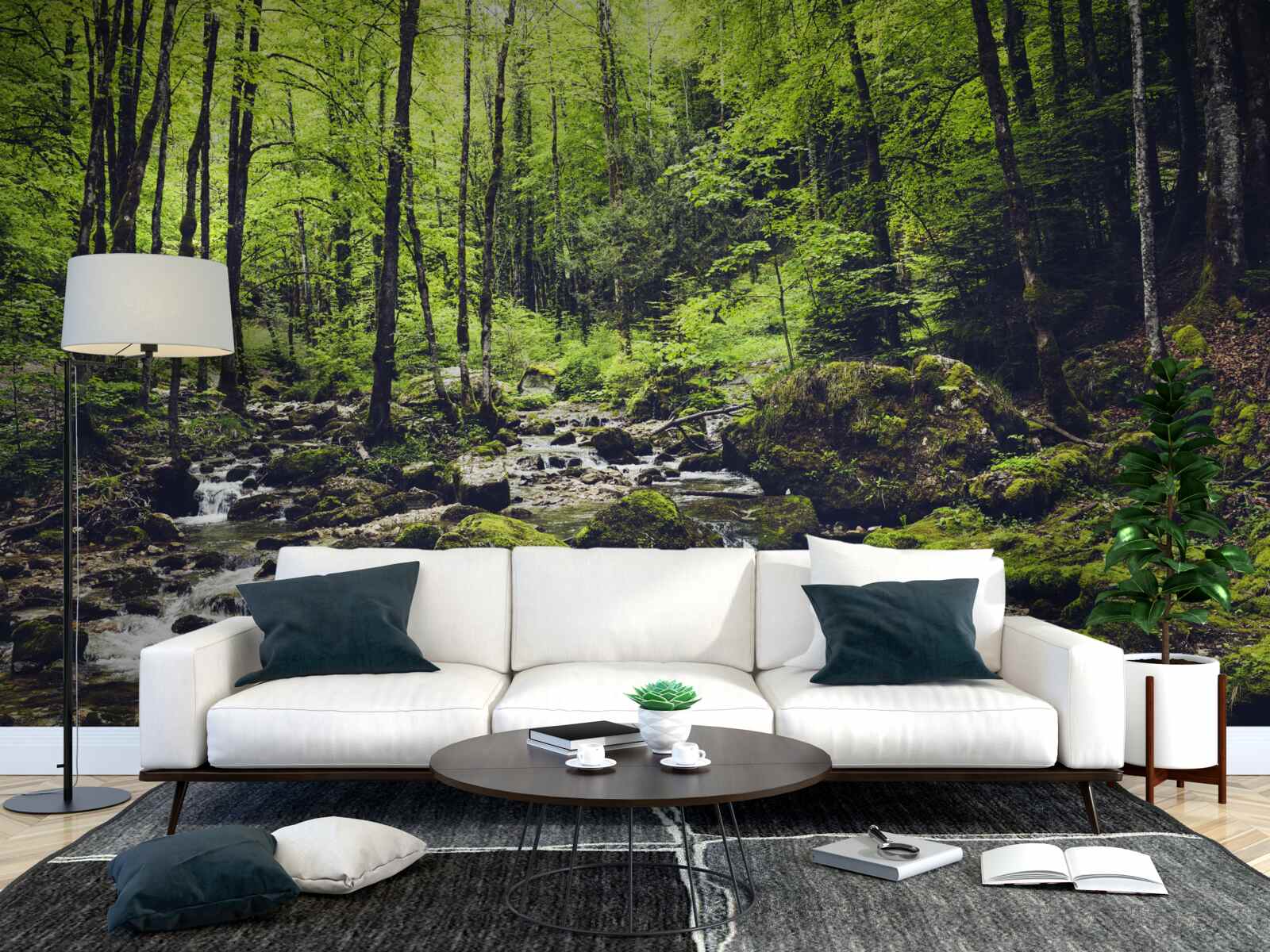 Fototapet cascadă în munți, înconjurată de o livadă verde