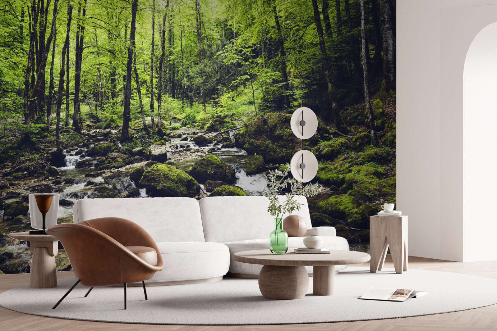 Fototapet cascadă în munți, înconjurată de o livadă verde