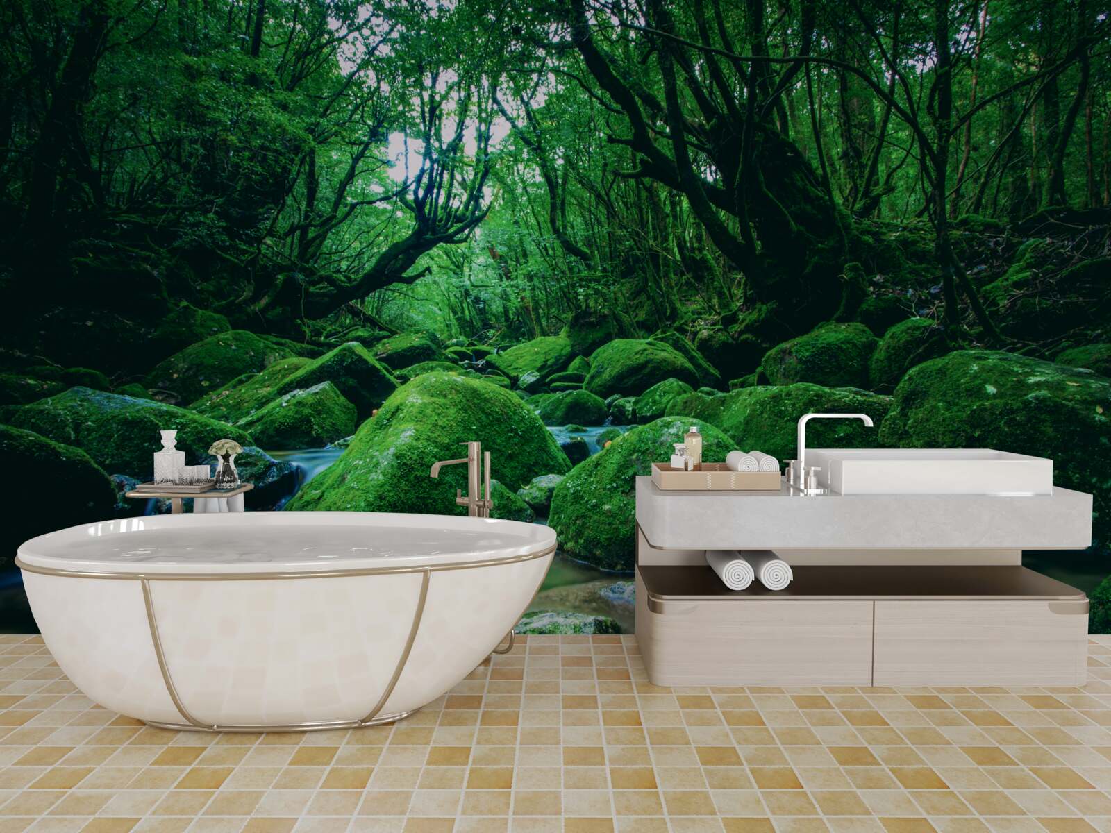 Fototapet pădure cufundată în somn la poalele unei cascade