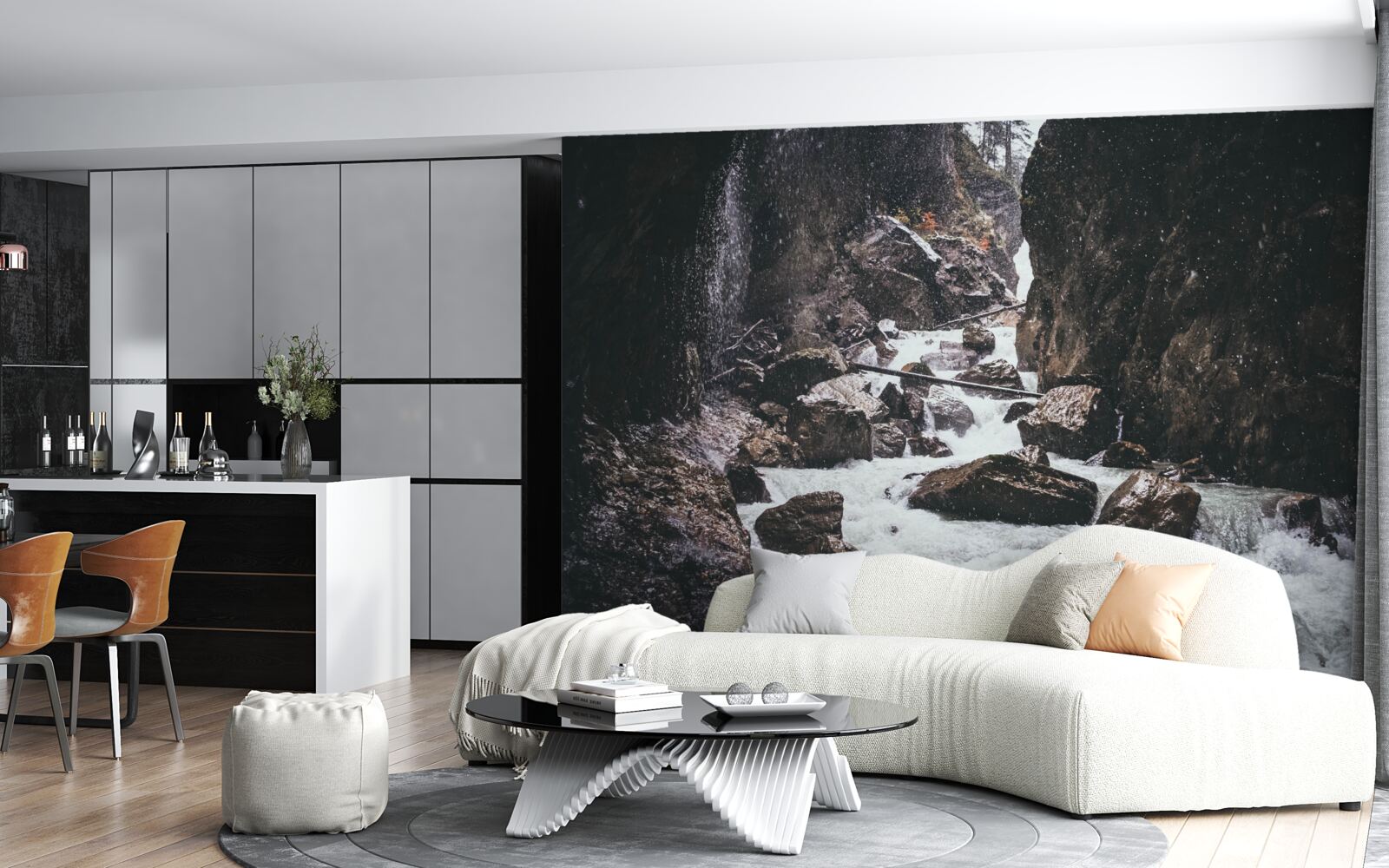 Fototapet printre stânci este o cascadă de munte maiestuoasă