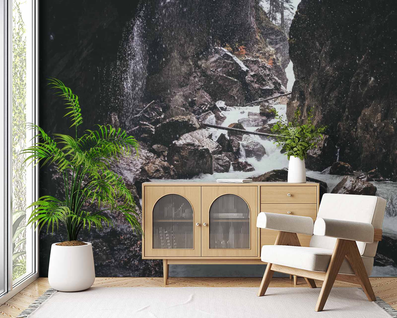 Fototapet printre stânci este o cascadă de munte maiestuoasă