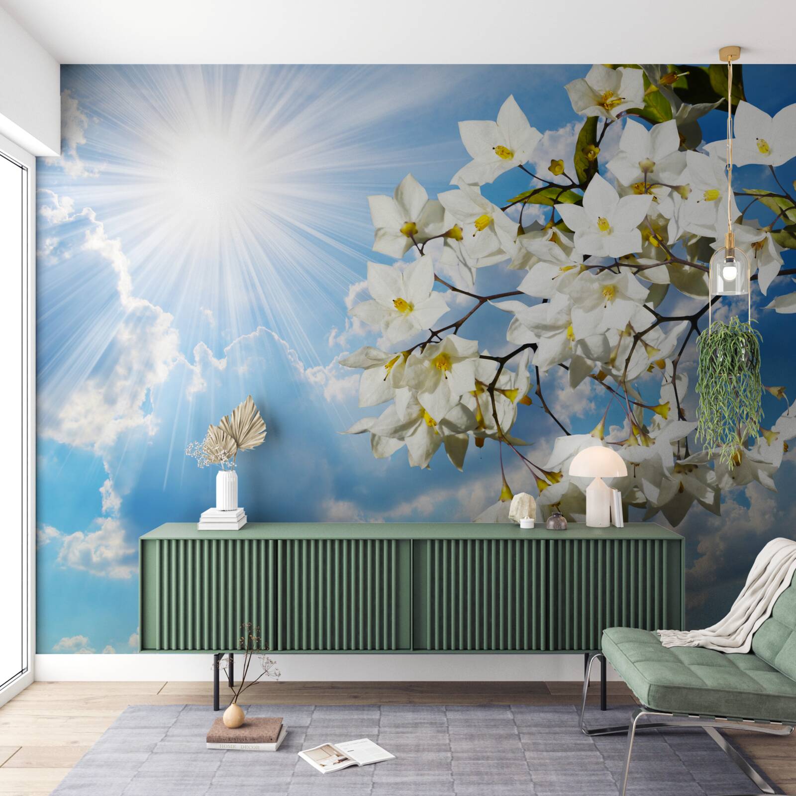 Fototapet ramură înflorită de iasomie albă ca zăpada