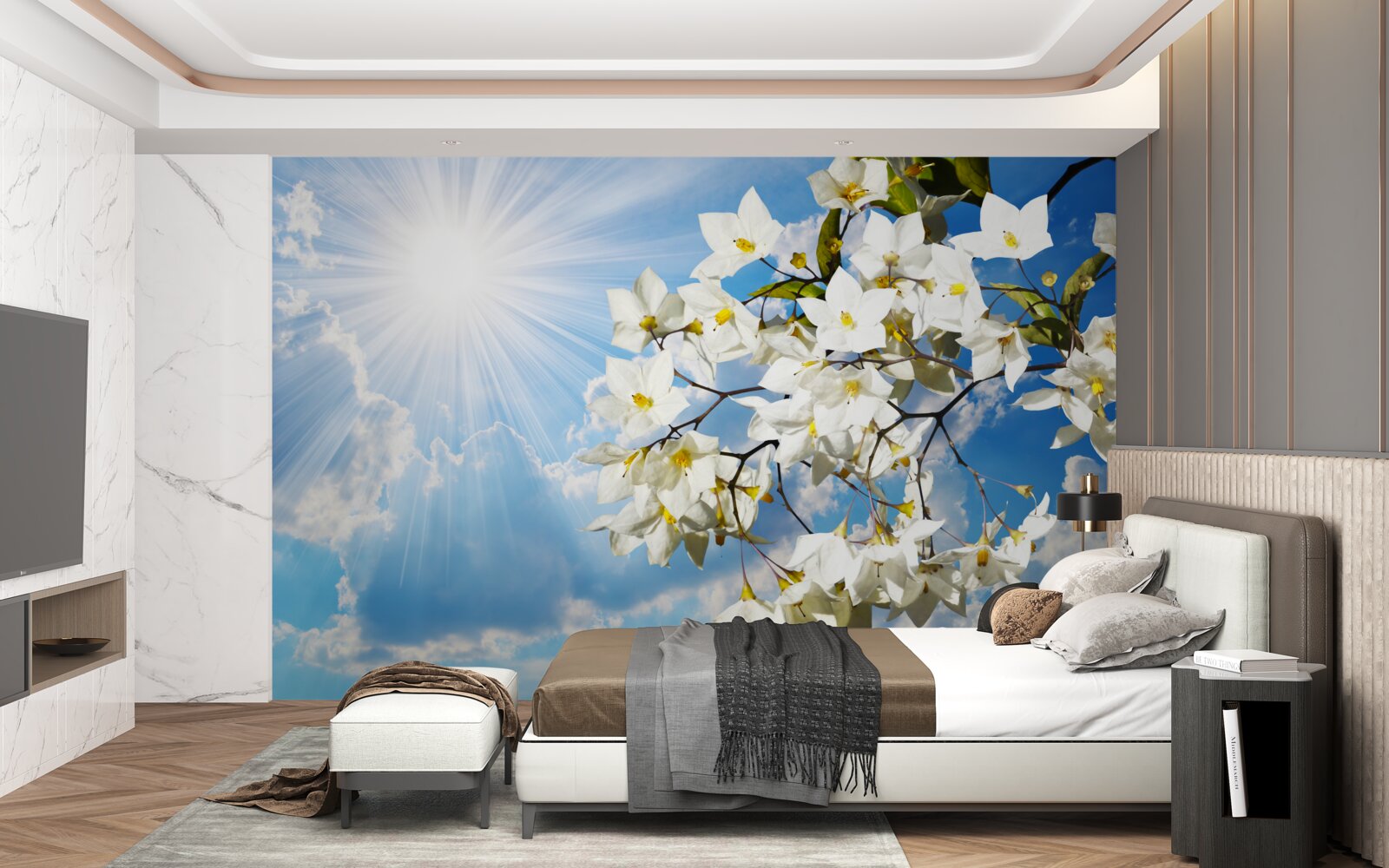 Fototapet ramură înflorită de iasomie albă ca zăpada