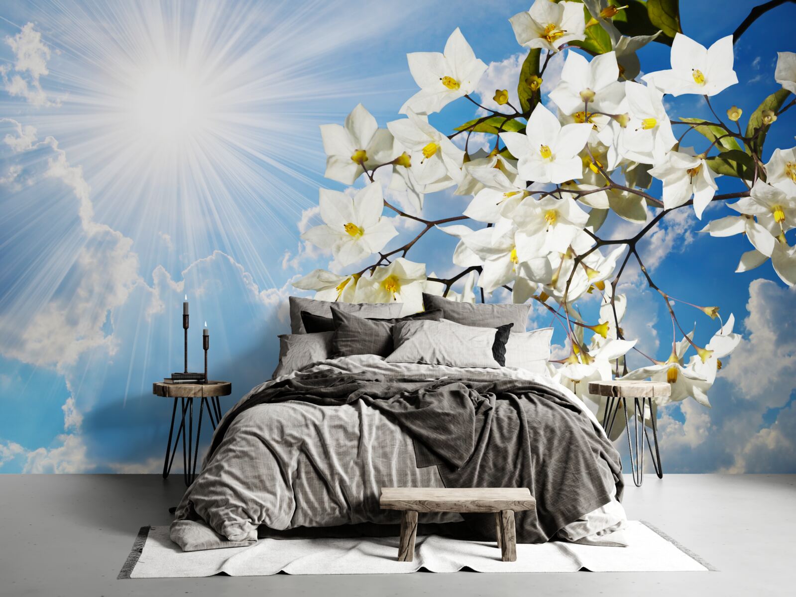 Fototapet ramură înflorită de iasomie albă ca zăpada