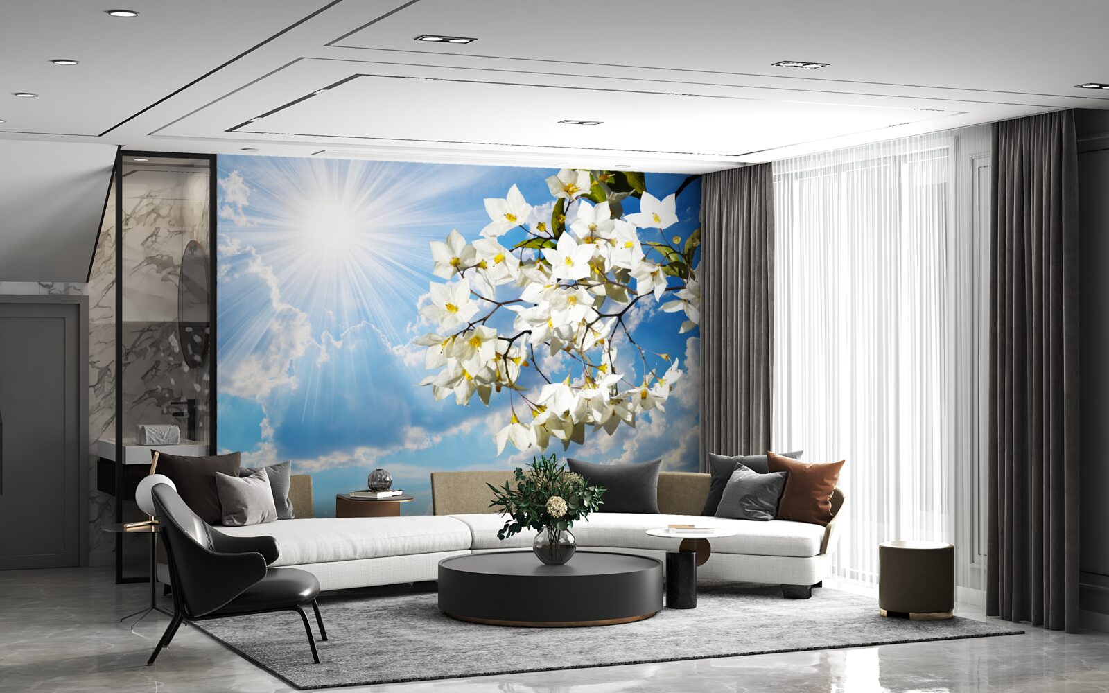 Fototapet ramură înflorită de iasomie albă ca zăpada