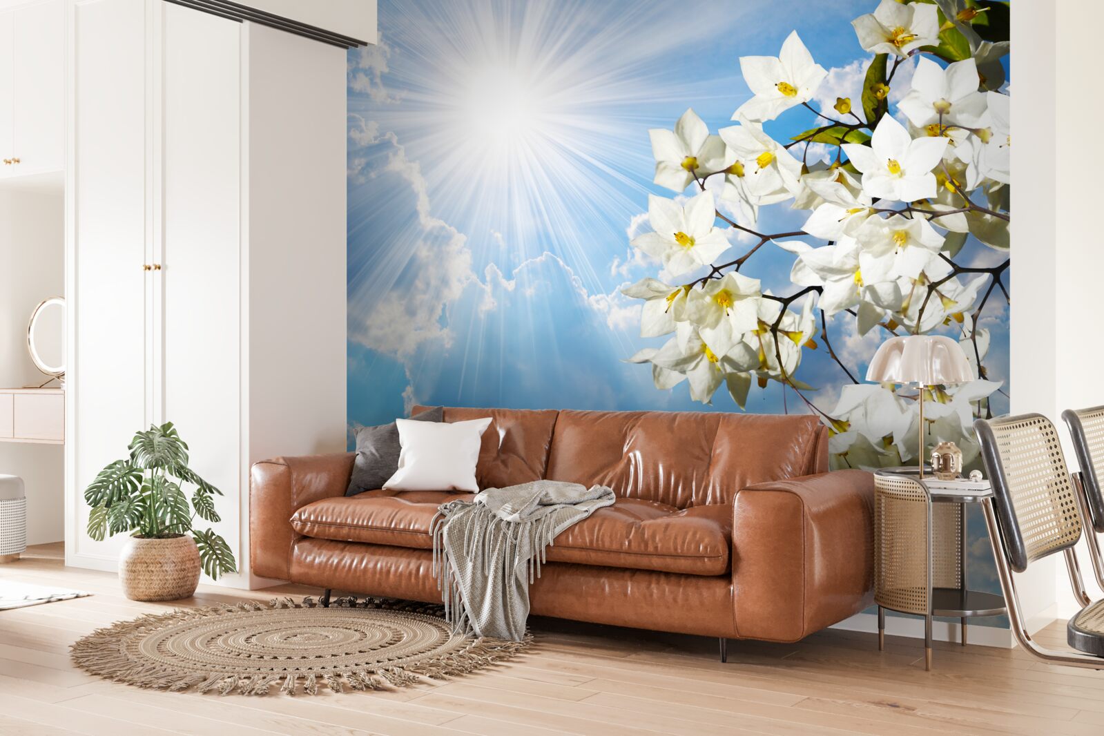 Fototapet ramură înflorită de iasomie albă ca zăpada