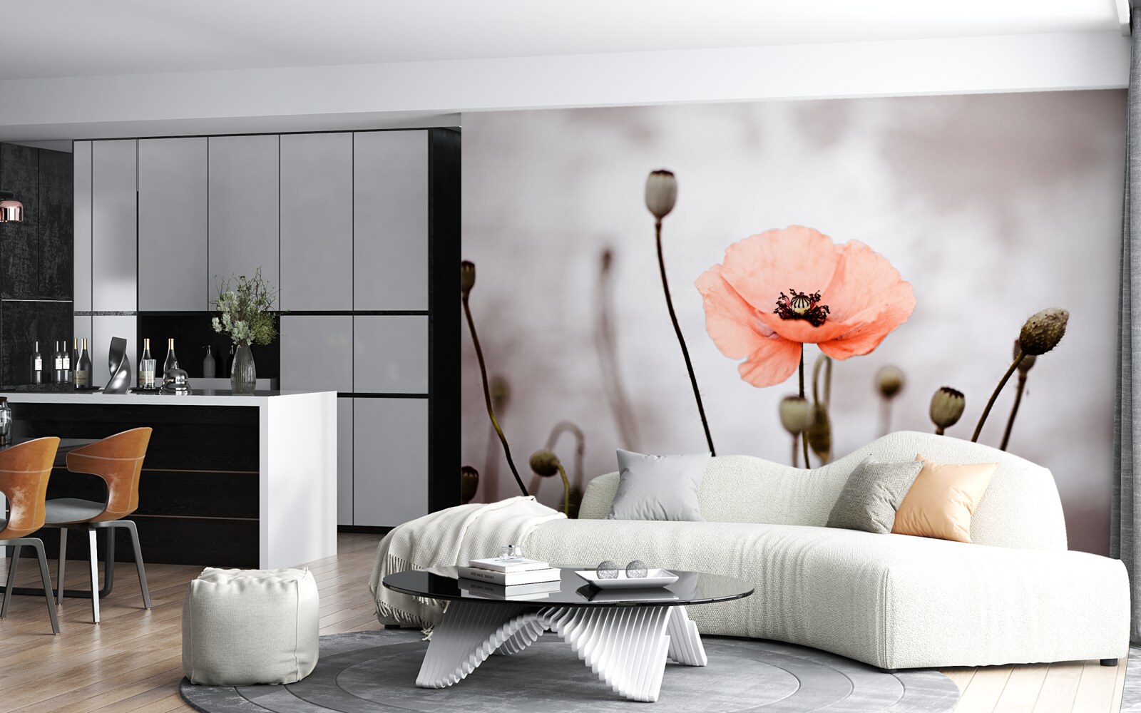 Fototapet un mac singuratic se deschide în toată splendoarea sa roz