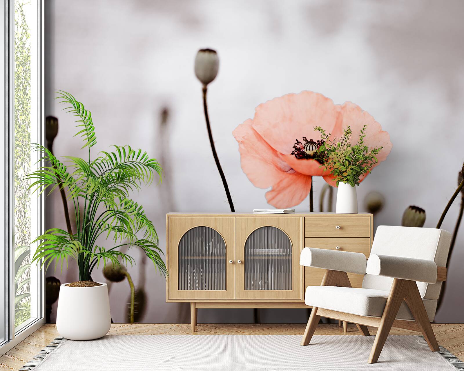 Fototapet un mac singuratic se deschide în toată splendoarea sa roz