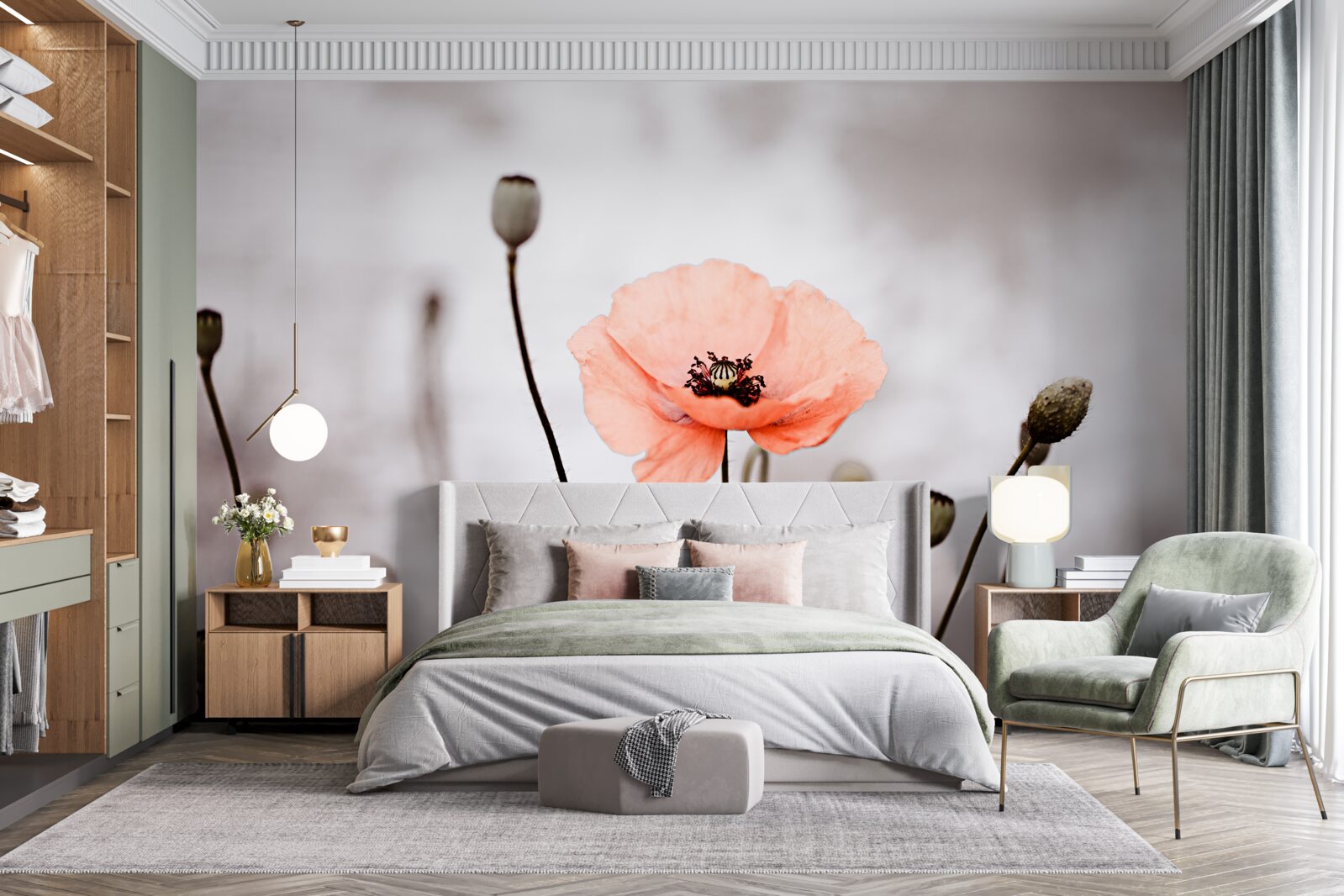 Fototapet un mac singuratic se deschide în toată splendoarea sa roz