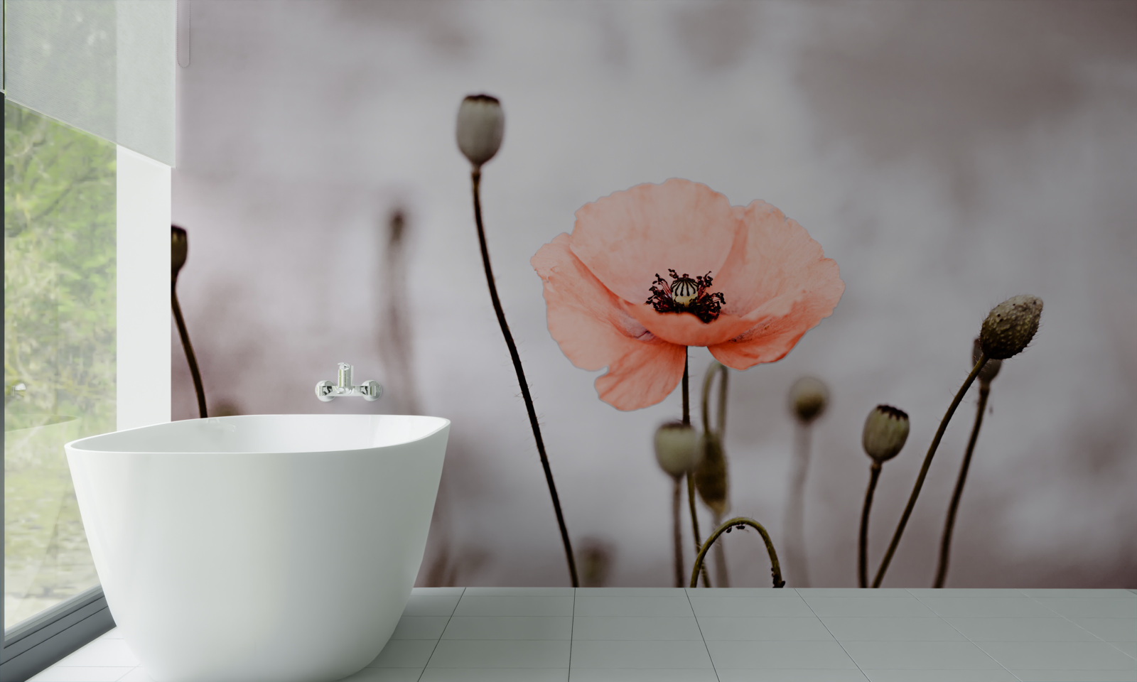 Fototapet un mac singuratic se deschide în toată splendoarea sa roz