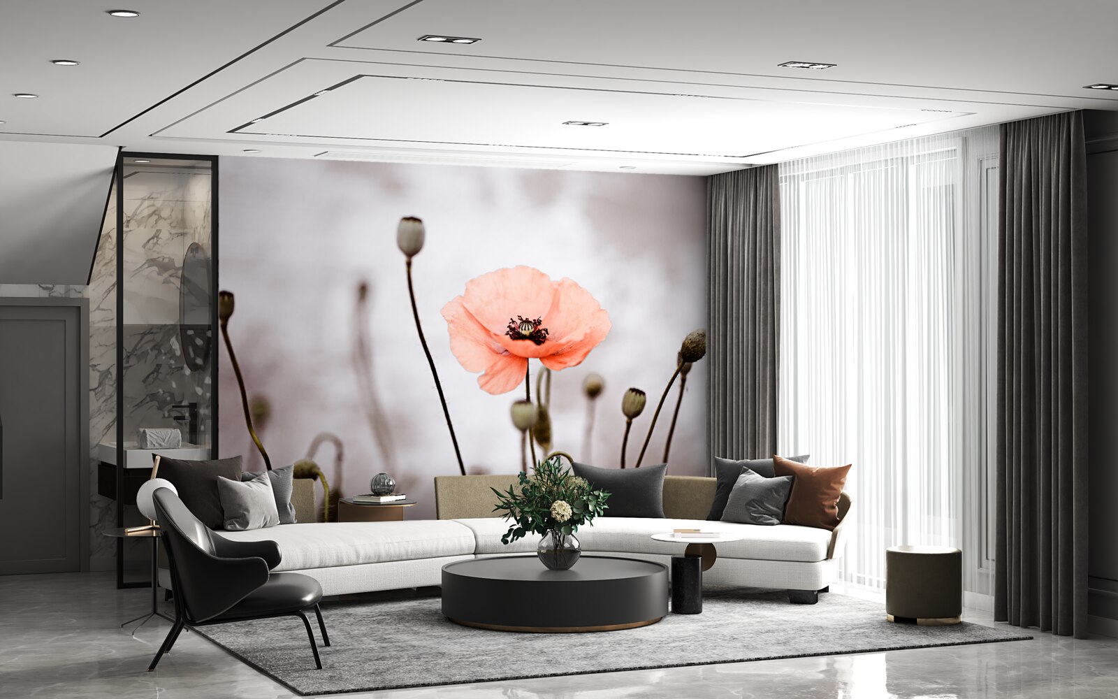 Fototapet un mac singuratic se deschide în toată splendoarea sa roz