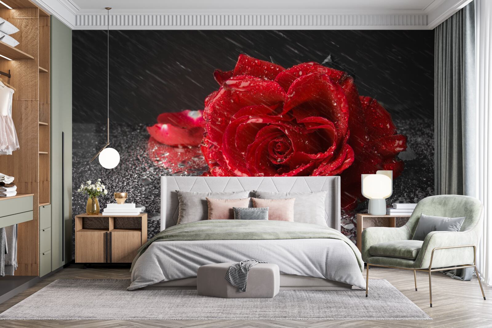 Fototapet un trandafir în ploaie, roșu ca sângele