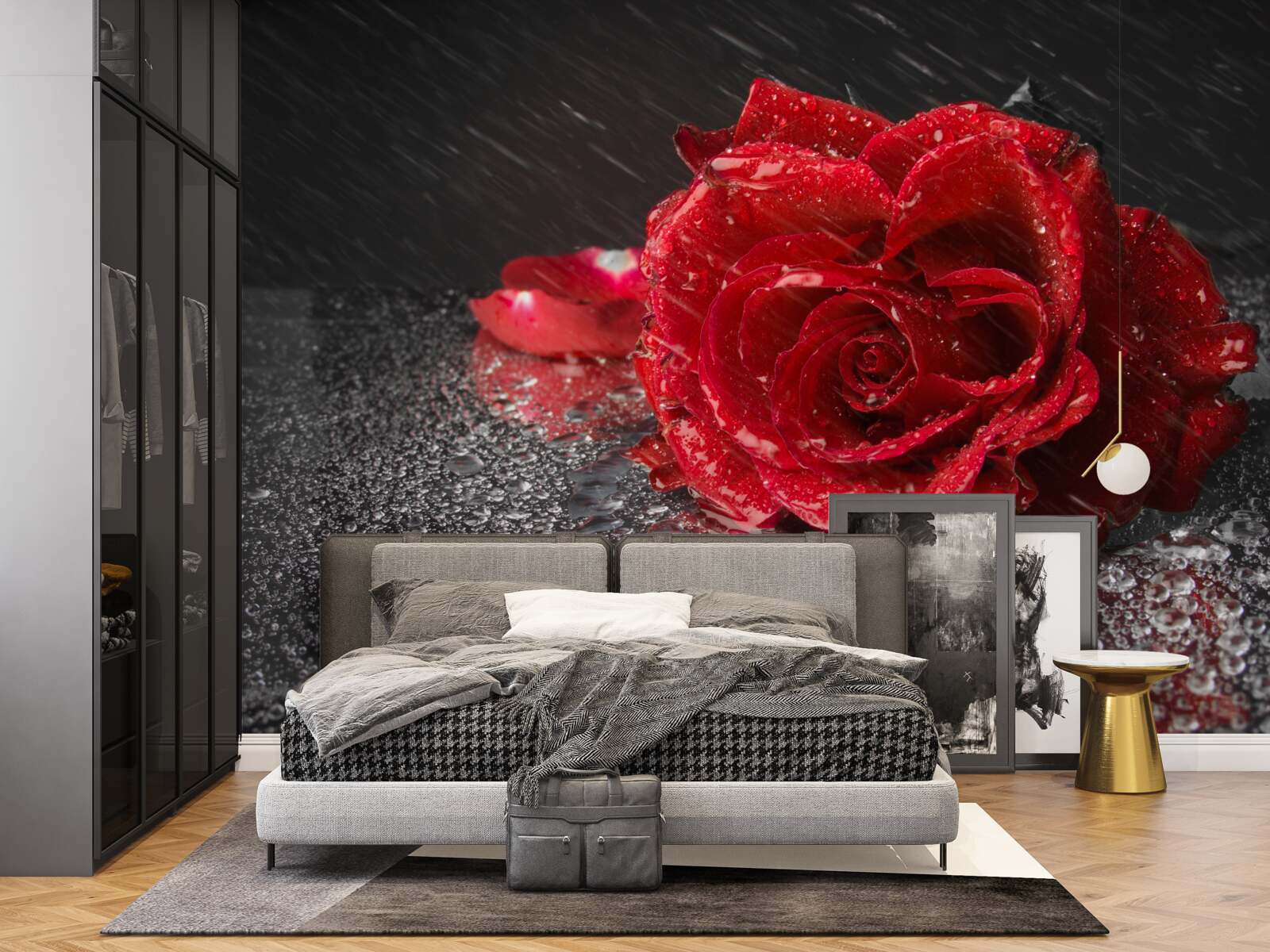 Fototapet un trandafir în ploaie, roșu ca sângele