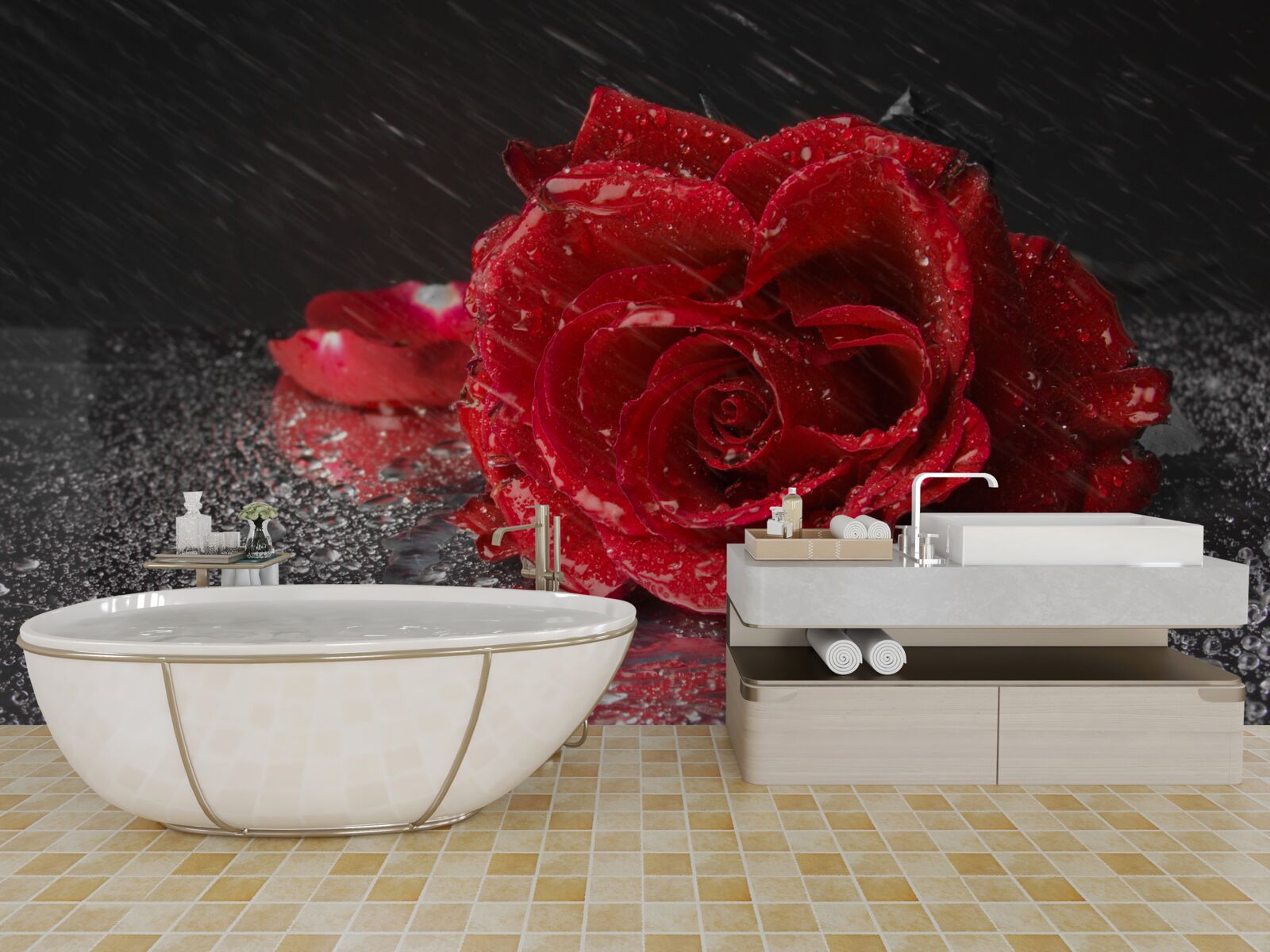 Fototapet un trandafir în ploaie, roșu ca sângele