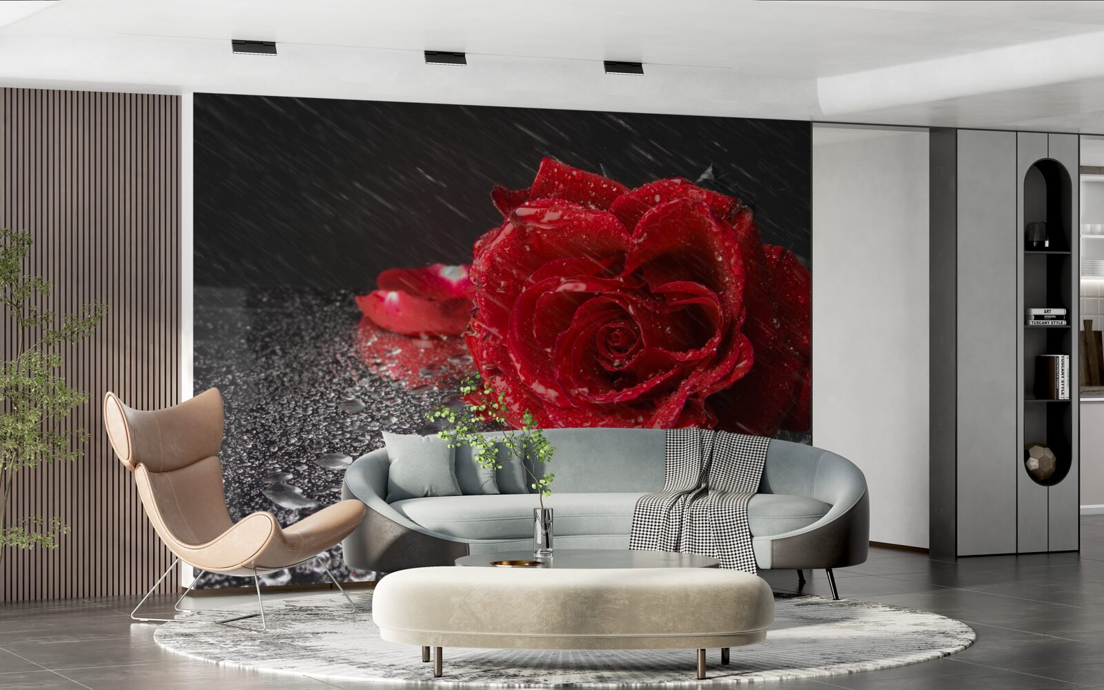 Fototapet un trandafir în ploaie, roșu ca sângele