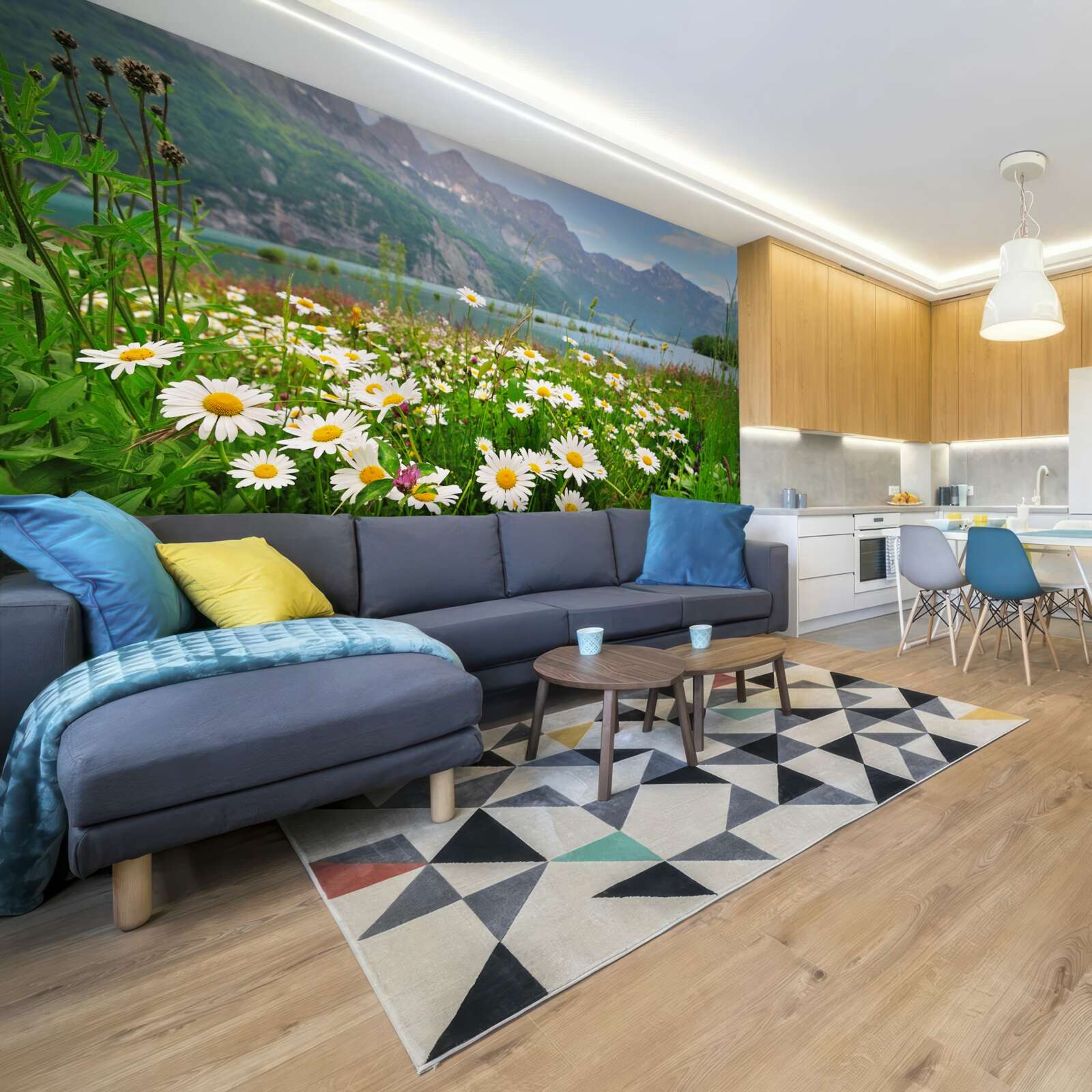 Fototapet peisaj cu câmp de mușețel la poalele munților