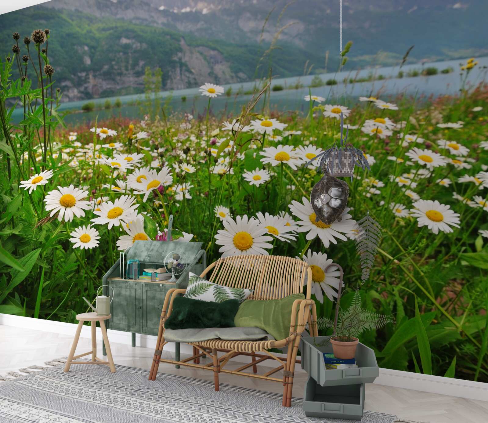 Fototapet peisaj cu câmp de mușețel la poalele munților