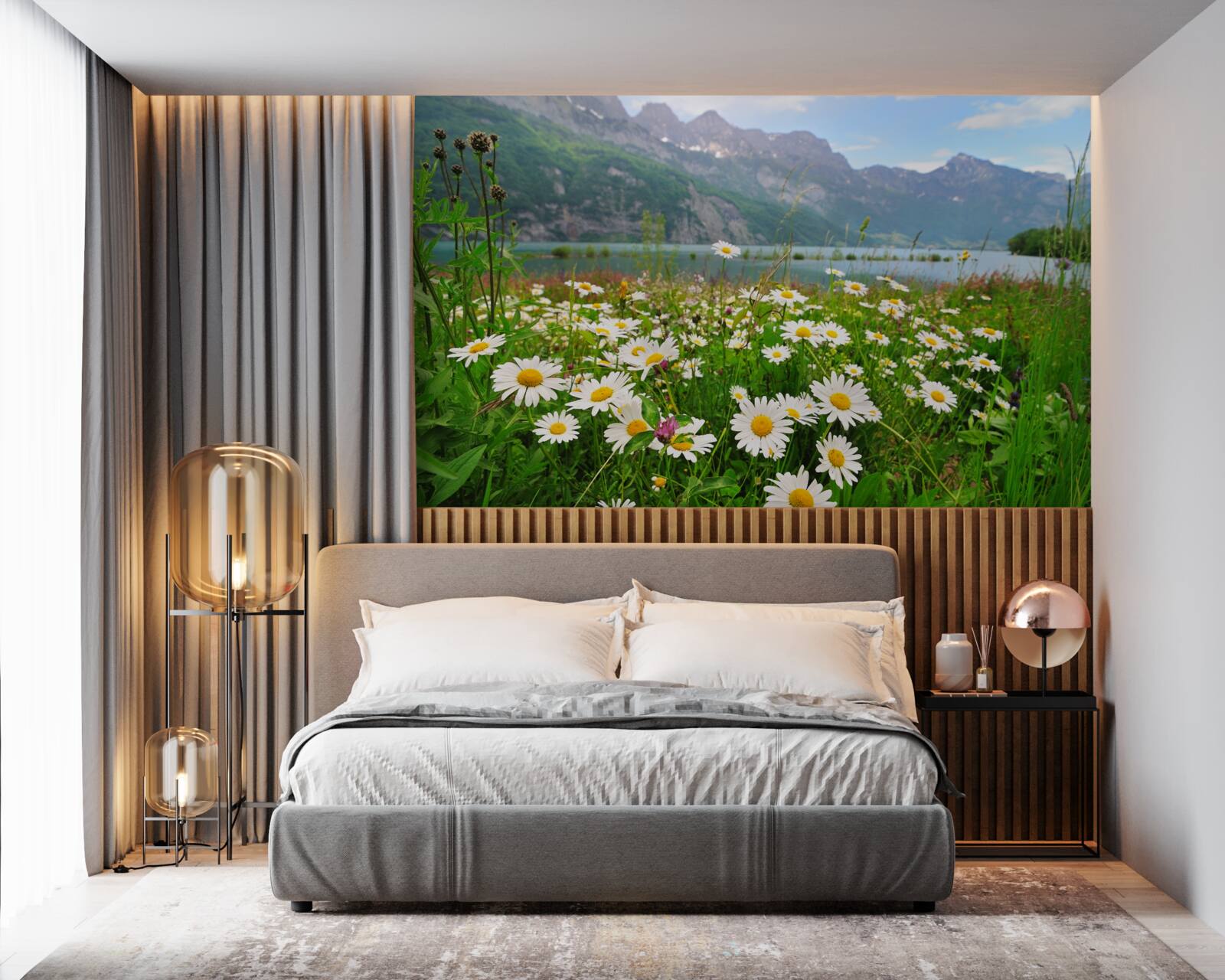 Fototapet peisaj cu câmp de mușețel la poalele munților